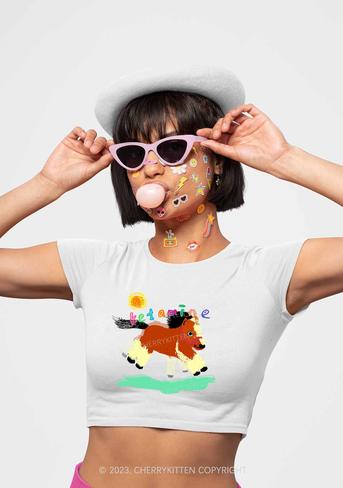 Delusional K Horse Y2K Baby Tee Cherrykitten - Image 2
