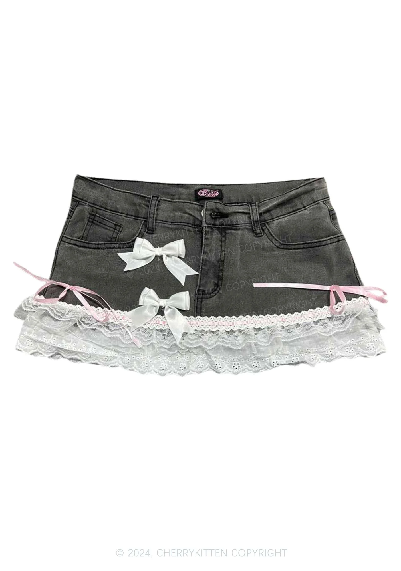 Denim Lace Splicing Y2K Mini Skirt Cherrykitten - Image 2