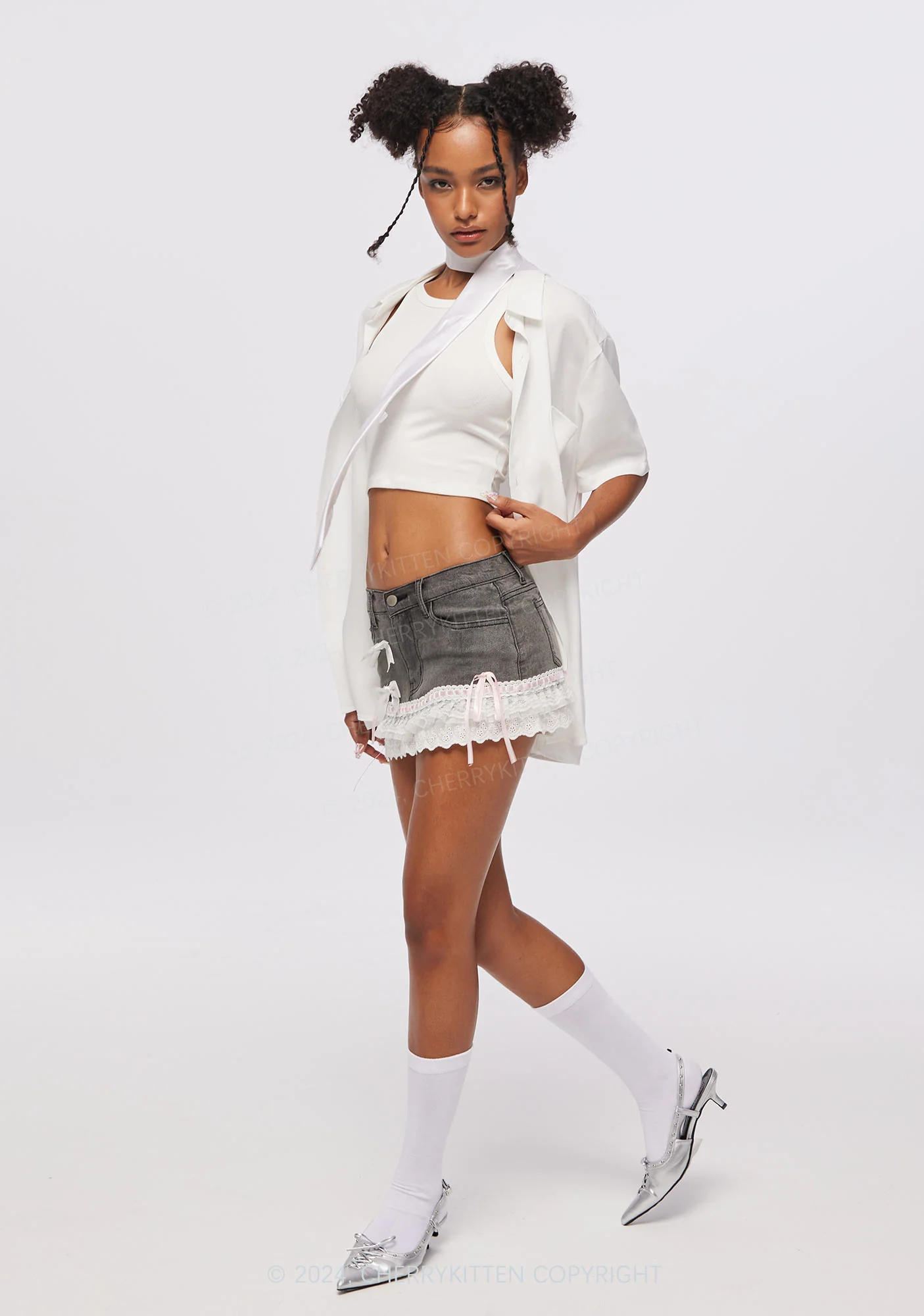 Denim Lace Splicing Y2K Mini Skirt Cherrykitten - Image 5