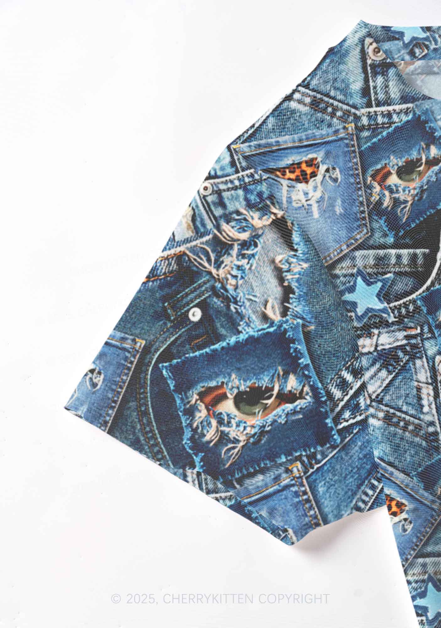 Denim Patchwork Y2K Mesh Crop Top Cherrykitten - Image 4