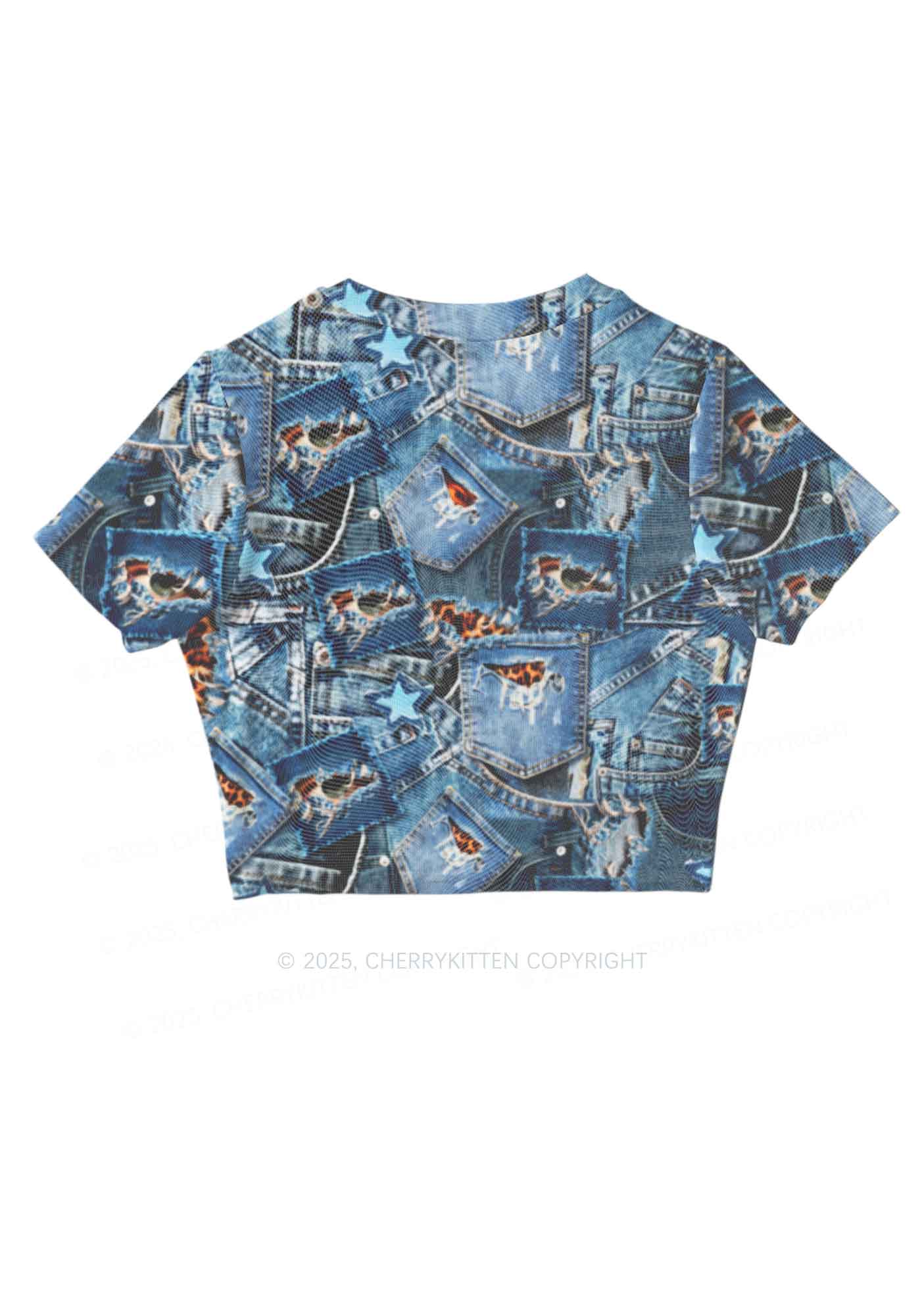 Denim Patchwork Y2K Mesh Crop Top Cherrykitten - Image 5