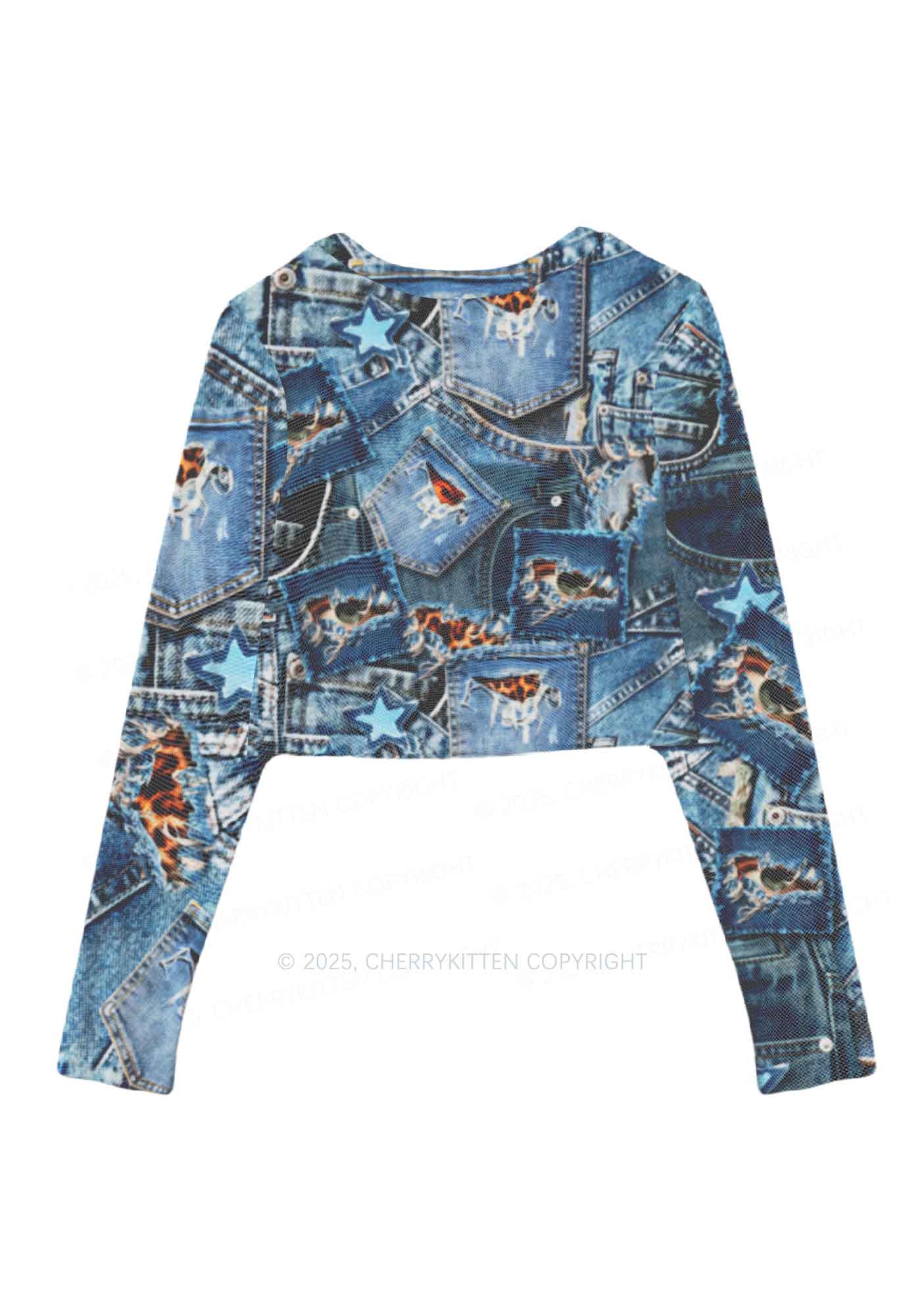 Denim Patchwork Y2K Mesh Long Sleeve Crop Top Cherrykitten - Image 3