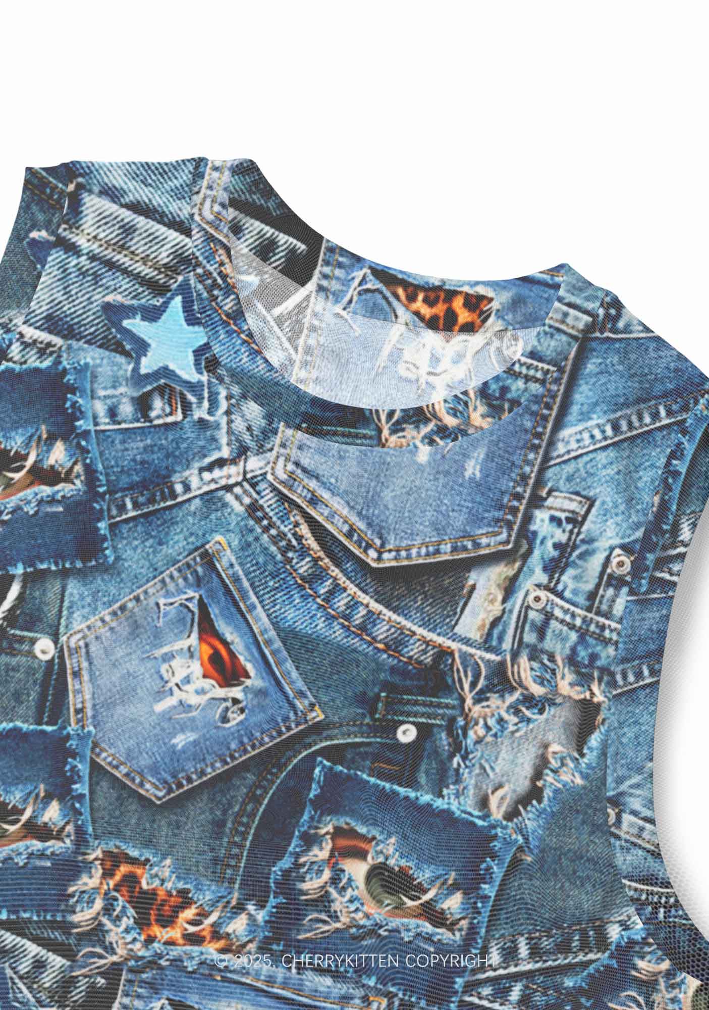 Denim Patchwork Y2K Mesh Muscle Tank Cherrykitten - Image 3