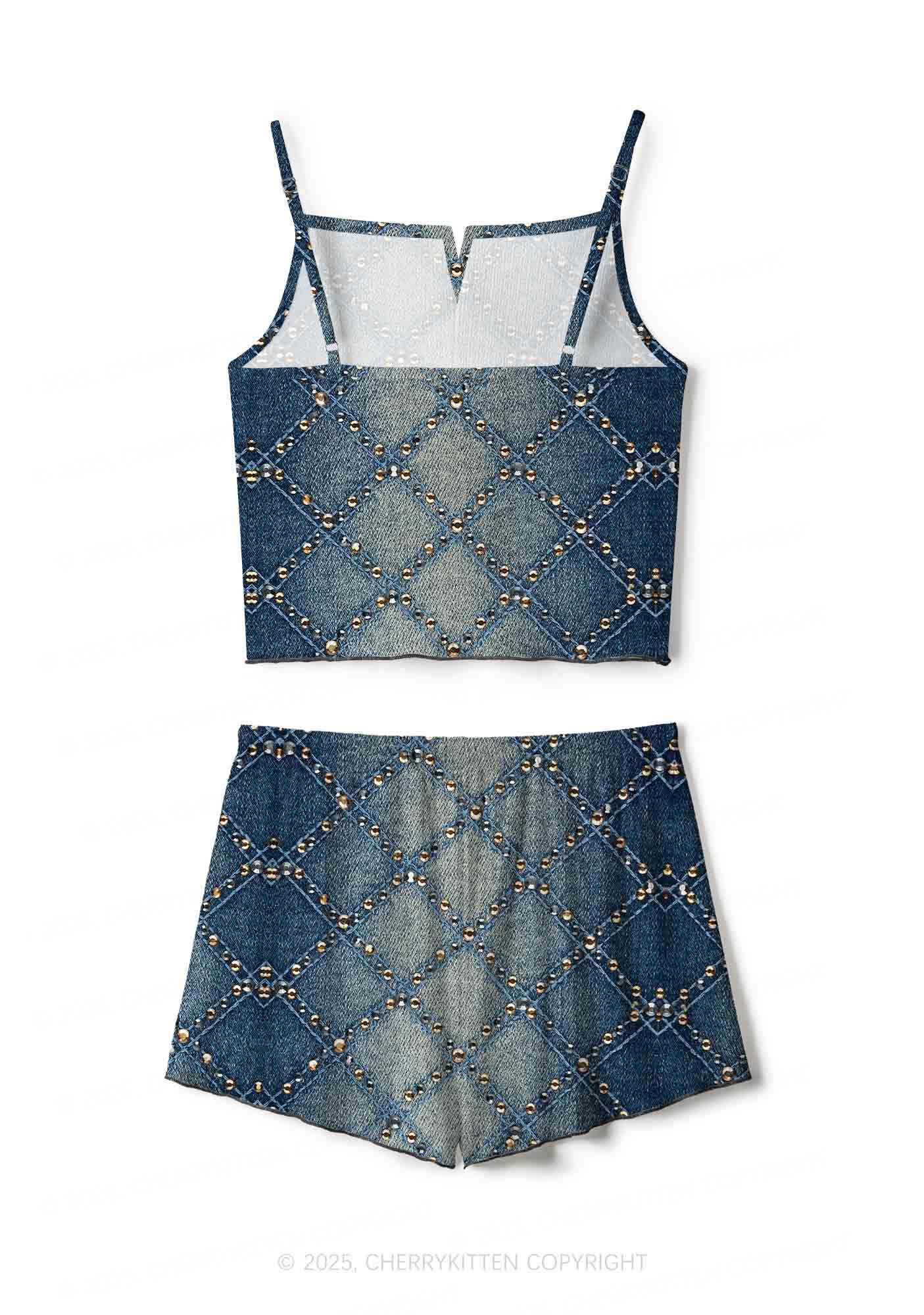 Denim Sparkle Y2K Print Cami Shorts Pajama Set Cherrykitten - Image 3