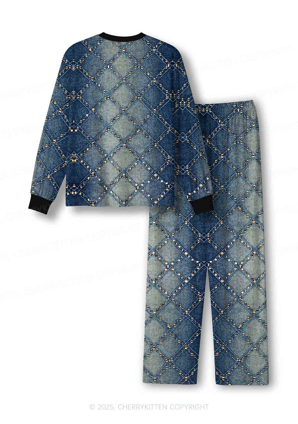 Denim Sparkle Y2K Print Long Sleeve Pajama Set Cherrykitten - Image 3