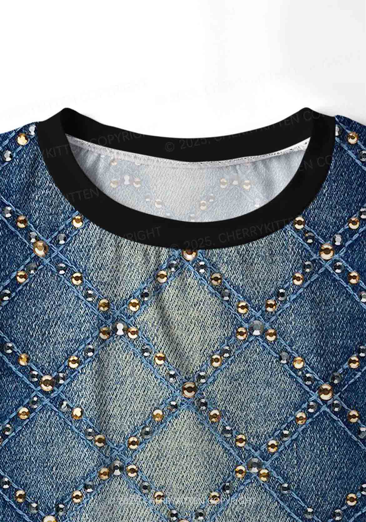 Denim Sparkle Y2K Print Long Sleeve Pajama Set Cherrykitten - Image 5
