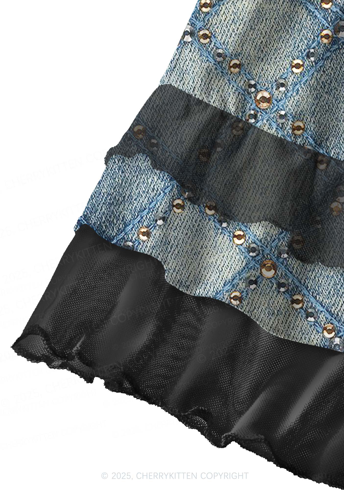 Denim Sparkle Y2K Print Mini Layered Skirt Cherrykitten - Image 3