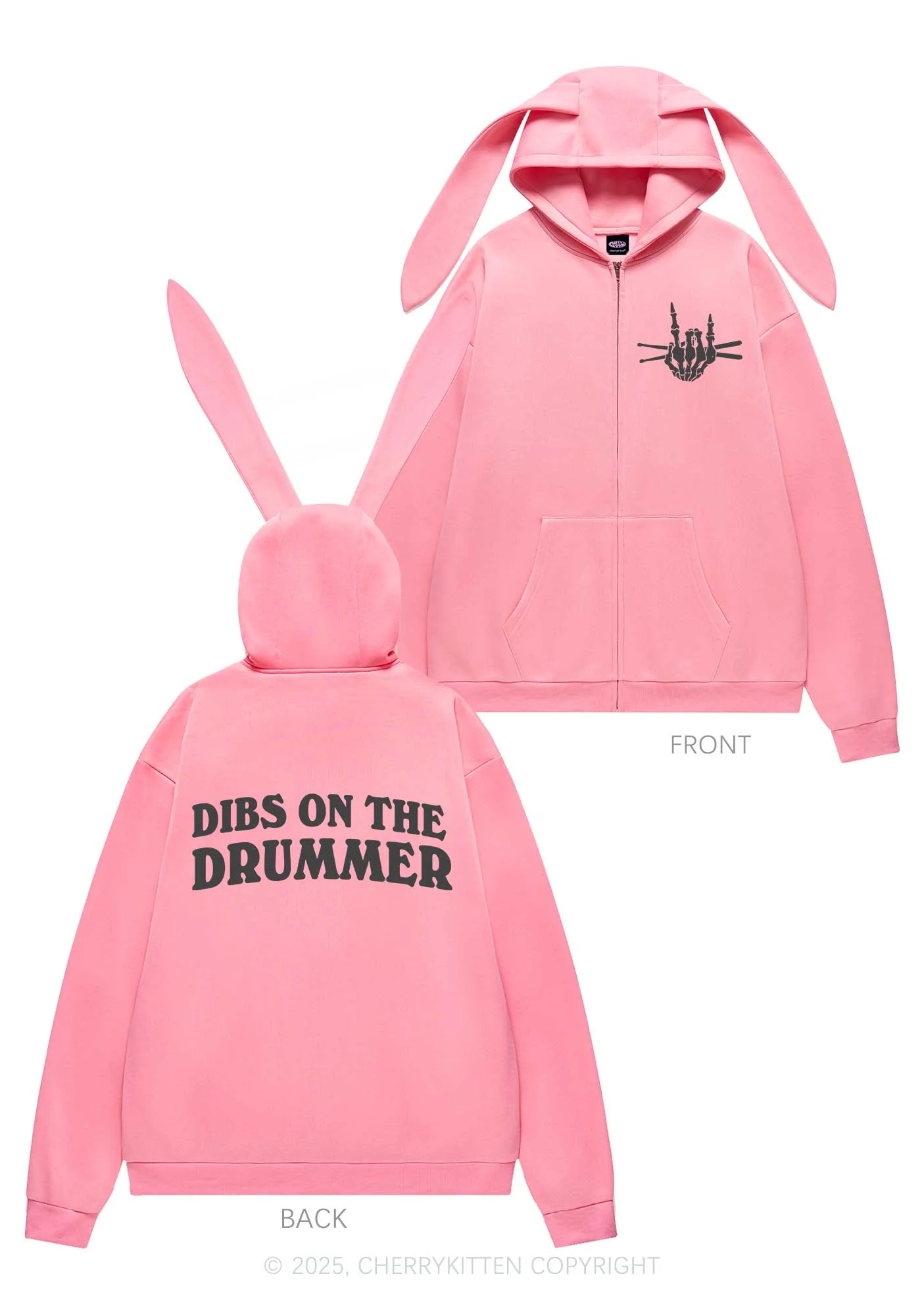 Dibs On The Drummer Y2K Bunny Ear Zip Hoodie Cherrykitten - Image 4
