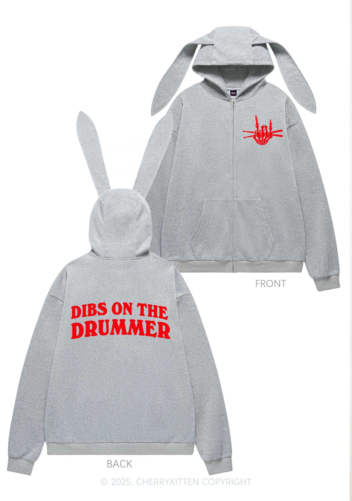 Dibs On The Drummer Y2K Bunny Ear Zip Hoodie Cherrykitten - Image 5