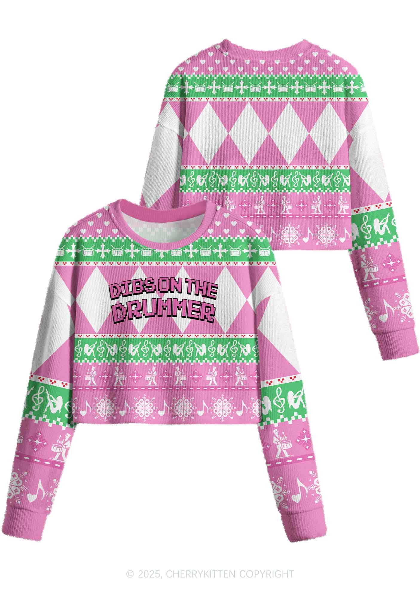 Dibs On The Drummer Y2K Christmas Crop Knit Sweatshirt Cherrykitten - Image 3