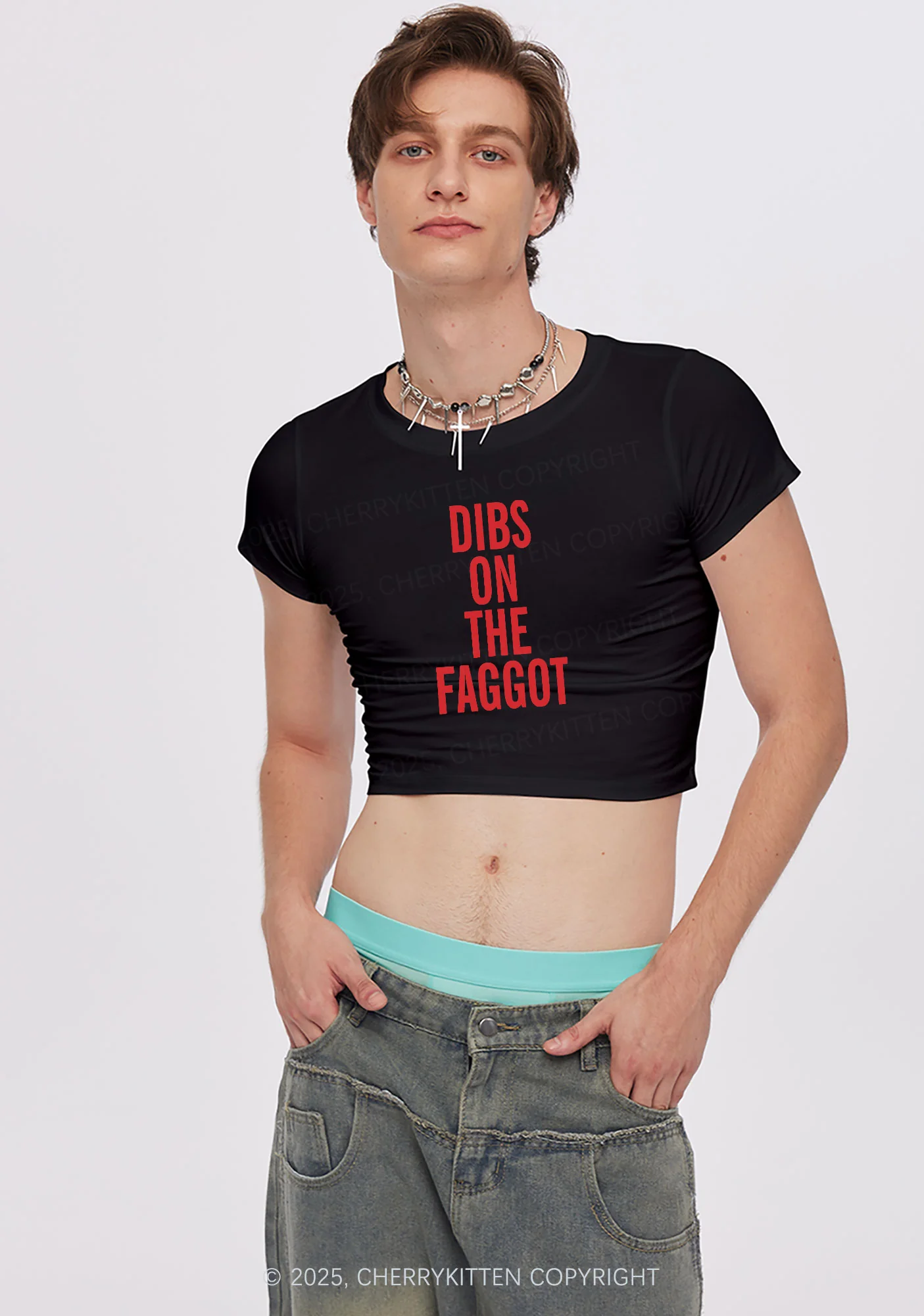 Dibs On The Faggot Pride Y2K Baby Tee Cherrykitten - Image 2