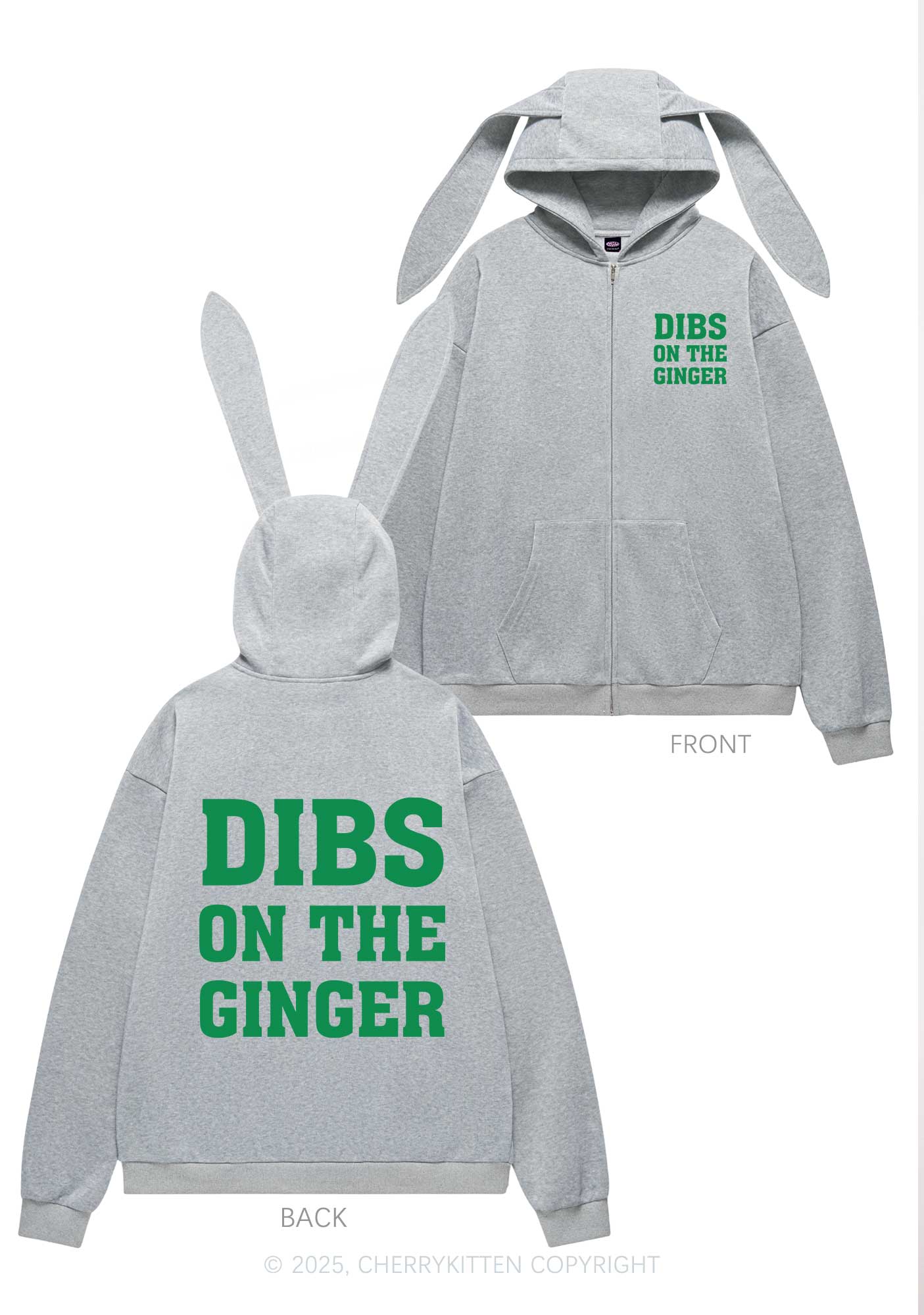 Dibs On The Ginger St Patricks Y2K Bunny Ear Zip Hoodie Cherrykitten - Image 4