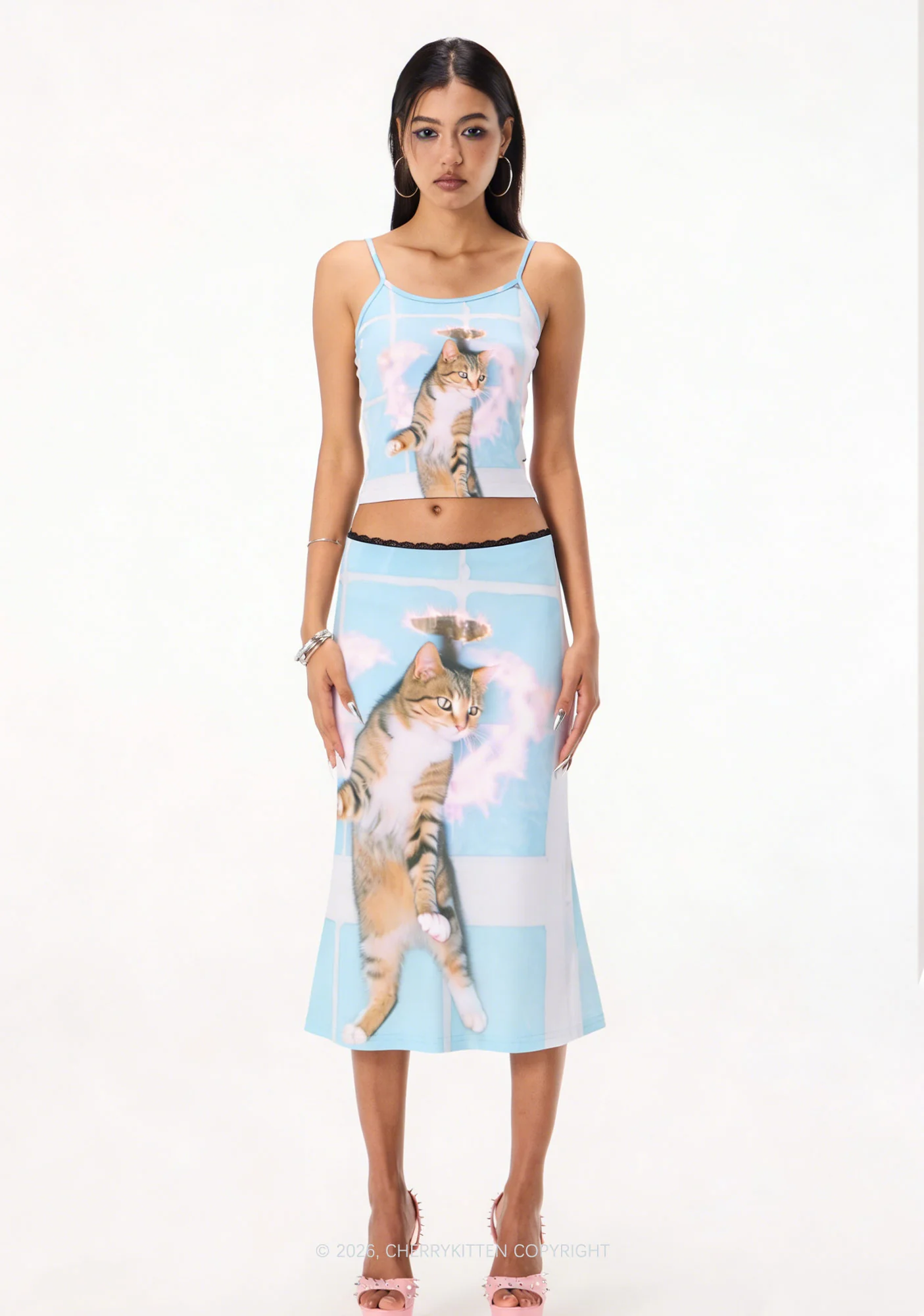 Disco Cat Y2K Print Midi Skirt Cherrykitten - Image 2