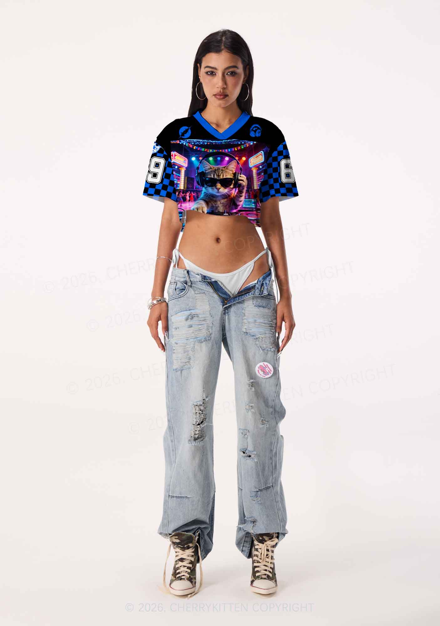DJ Cat Rave Y2K Crop Sport Jersey Shirts Cherrykitten - Image 2