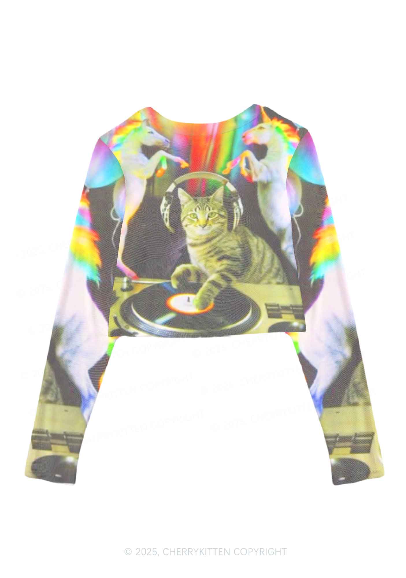 DJ Cat Unicorn Y2K Mesh Long Sleeve Crop Top Cherrykitten - Image 2