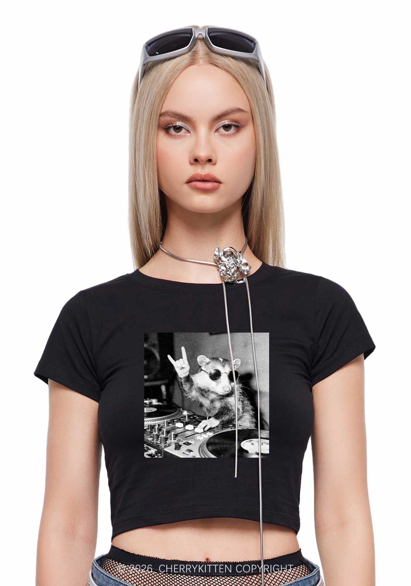 DJ Possum Y2K Baby Tee Cherrykitten - Image 2