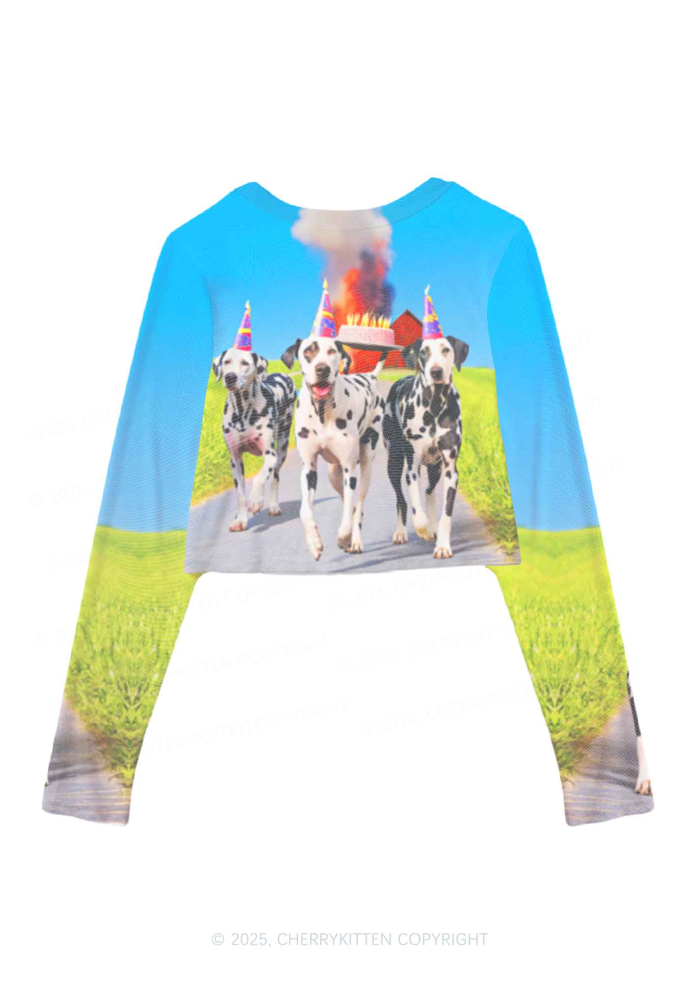 Dogs Birthday Party Y2K Mesh Long Sleeve Crop Top Cherrykitten - Image 2