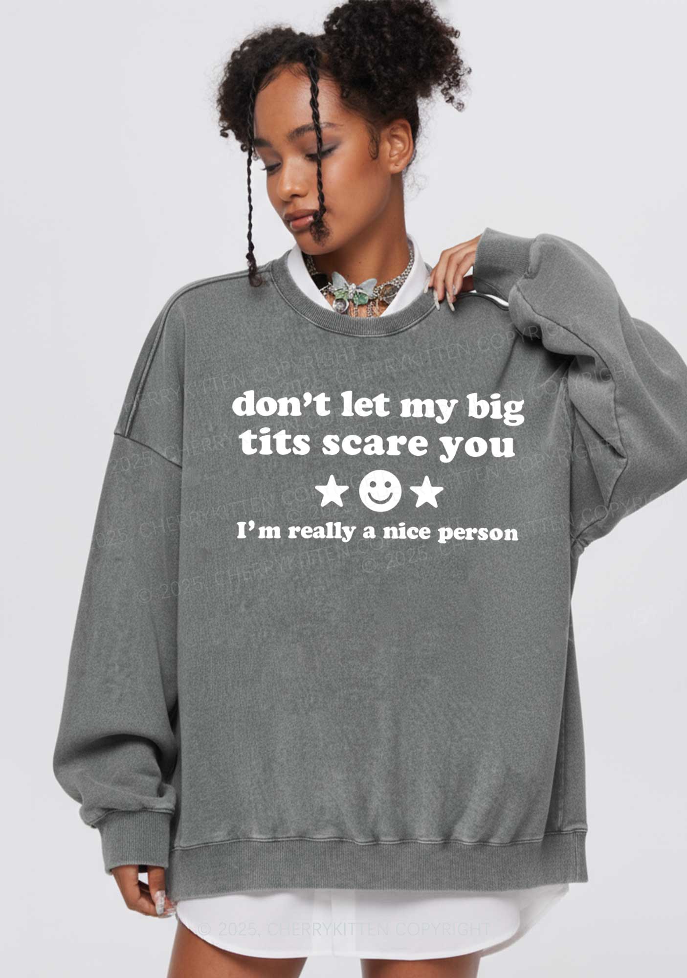 Dont Let My Big Txts Scare You Y2K Washed Sweatshirts Cherrykitten - Image 2