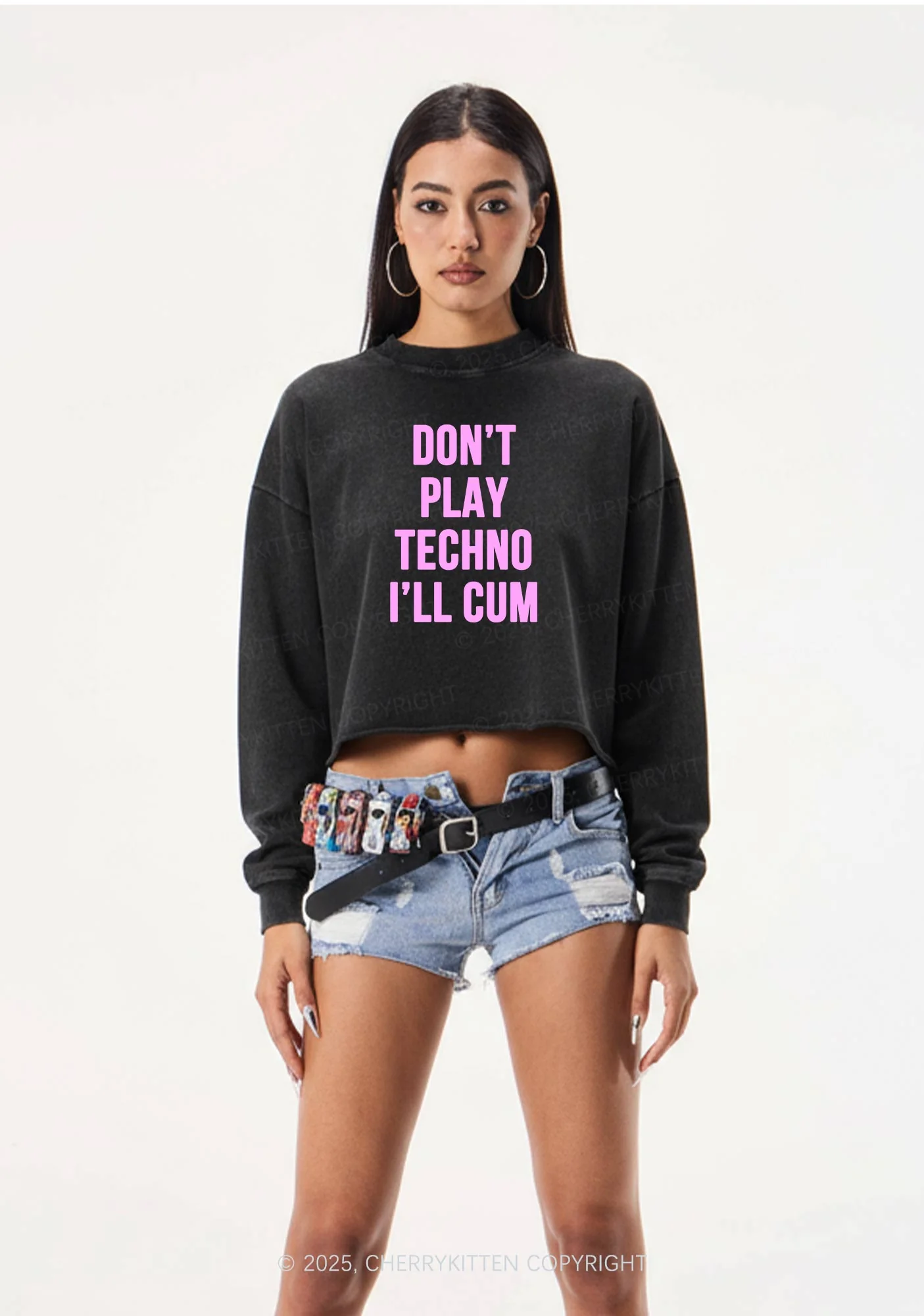 Dont Play Techno Y2K Crop Washed Sweatshirts Cherrykitten - Image 2