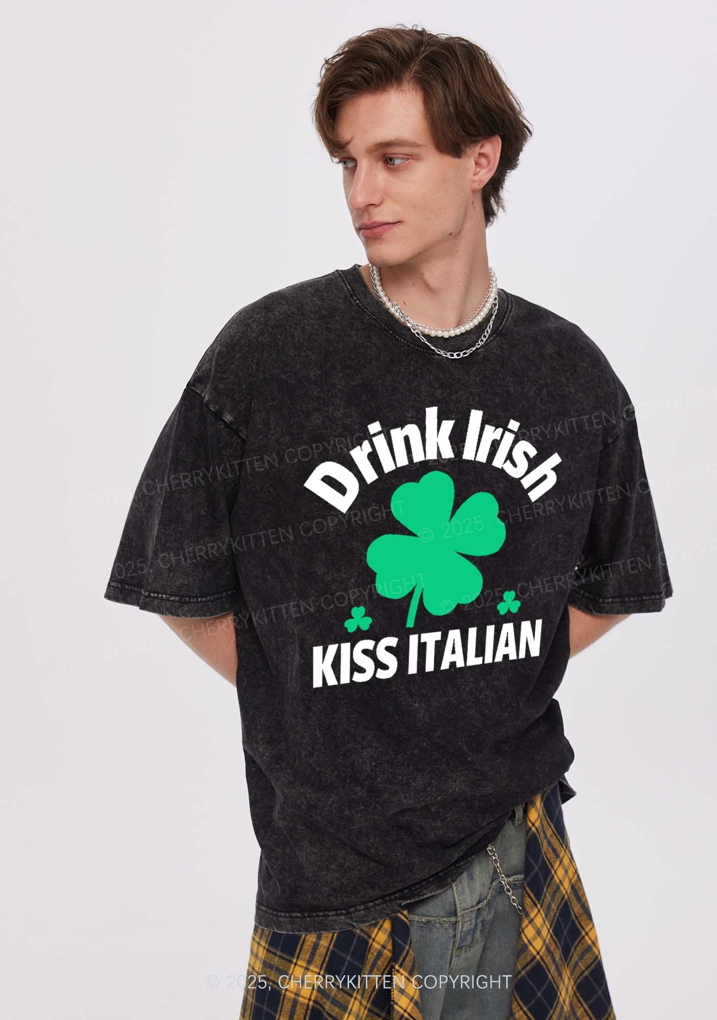 Drink Irish Kiss Italian St Patricks Y2K Washed Tee Cherrykitten - Image 3
