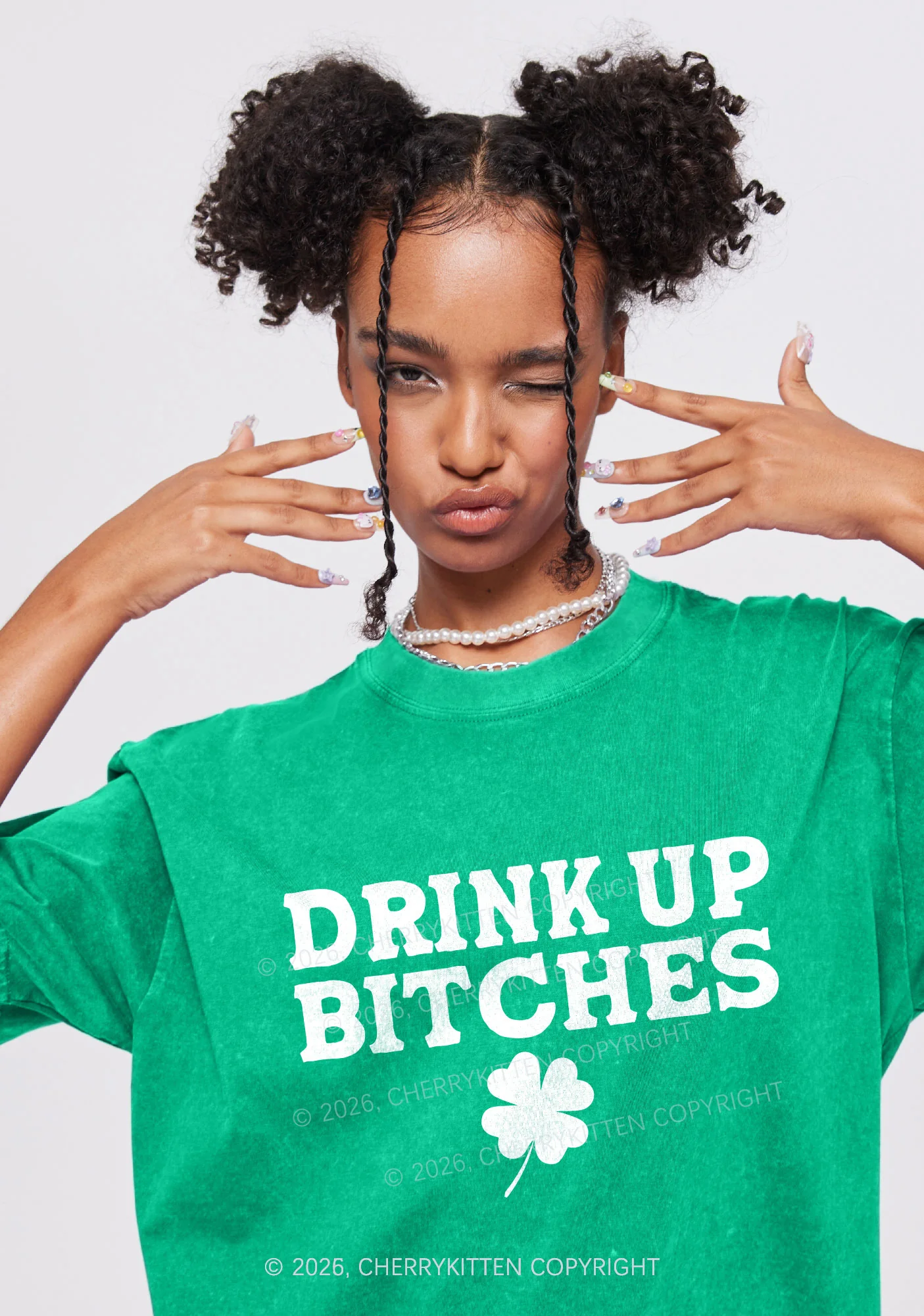 Drink Up Bxxch St Patricks Y2K Shirts Washed Tee Cherrykitten - Image 2