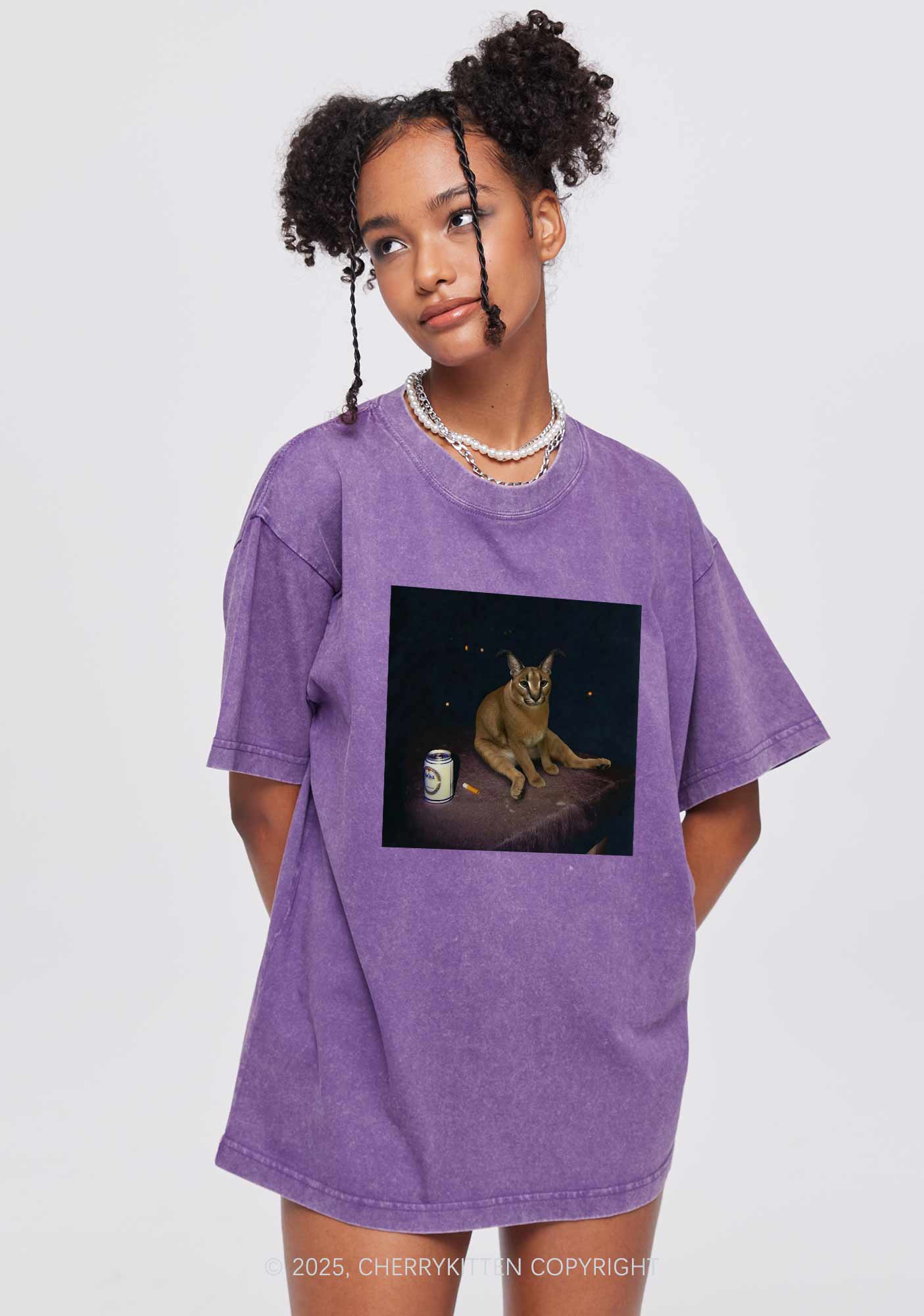 Drinking Floppa Y2K Shirts Washed Tee Cherrykitten - Image 2