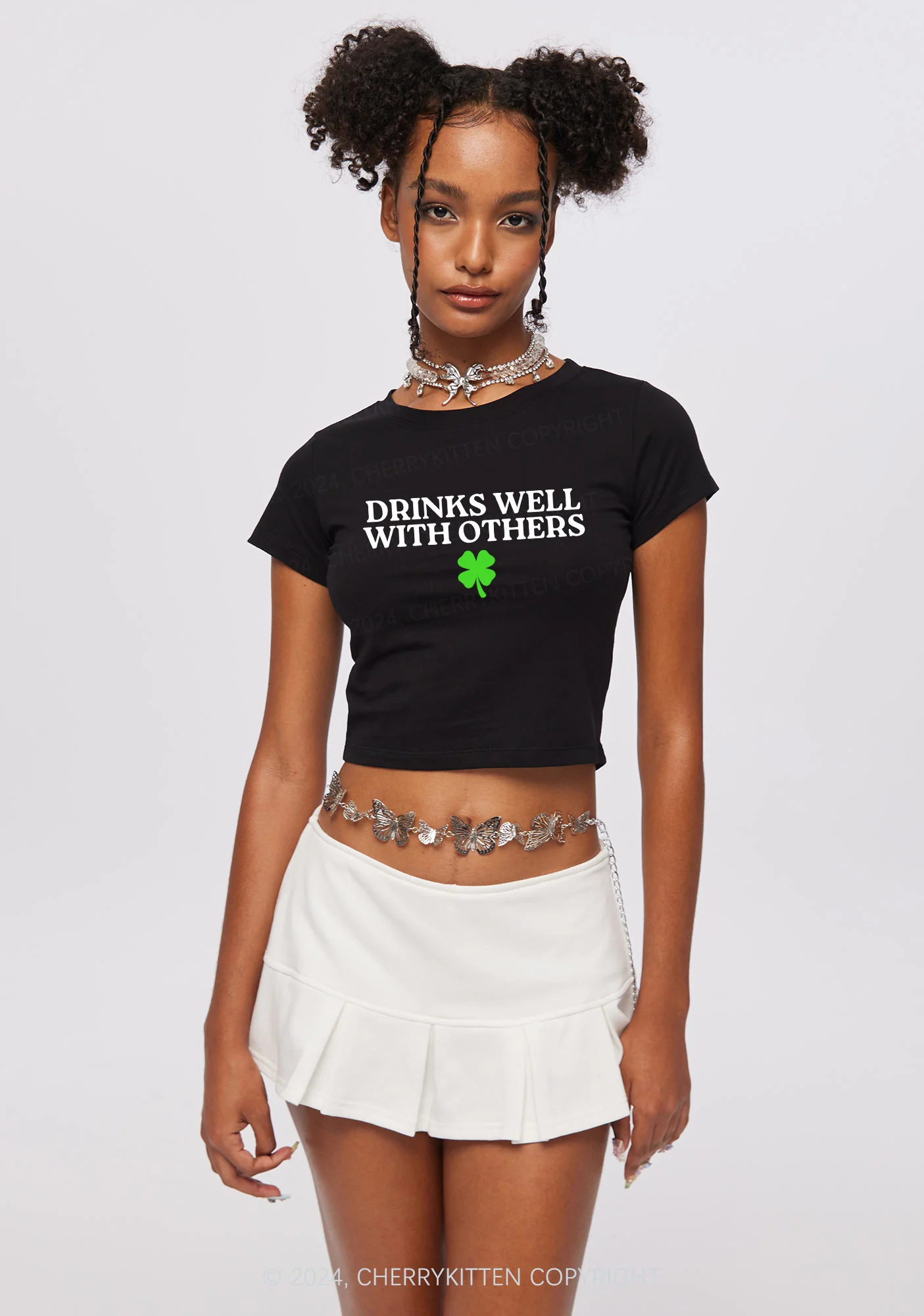 Drinks Well With Others St Patricks Y2K Baby Tee Cherrykitten - Image 2