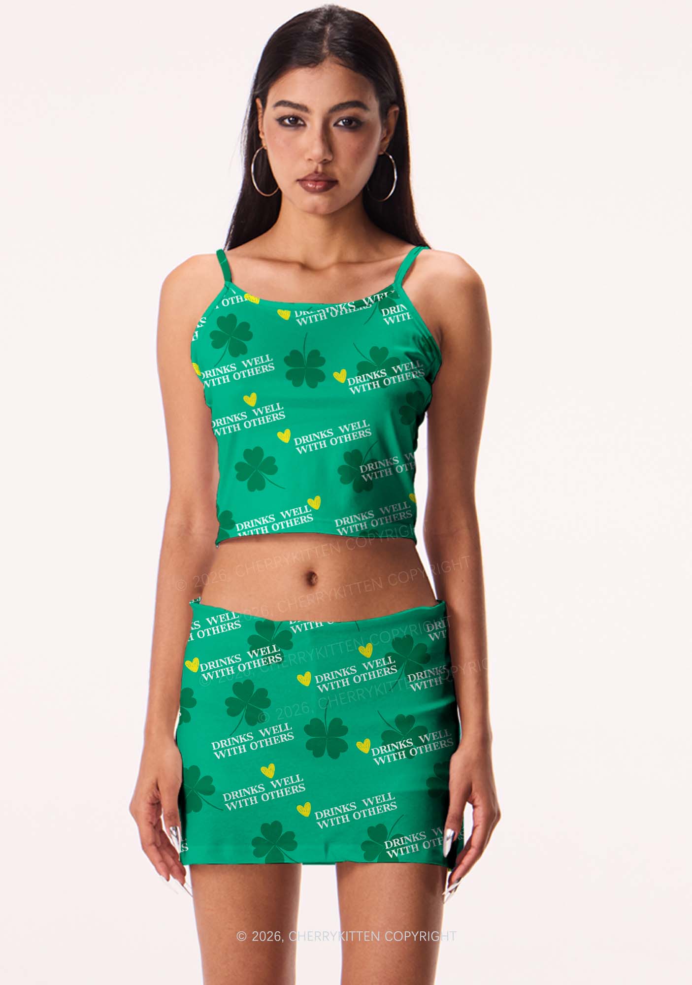 Drinks Well With Others St Patricks Y2K Print Cami Crop Top Cherrykitten - Image 2