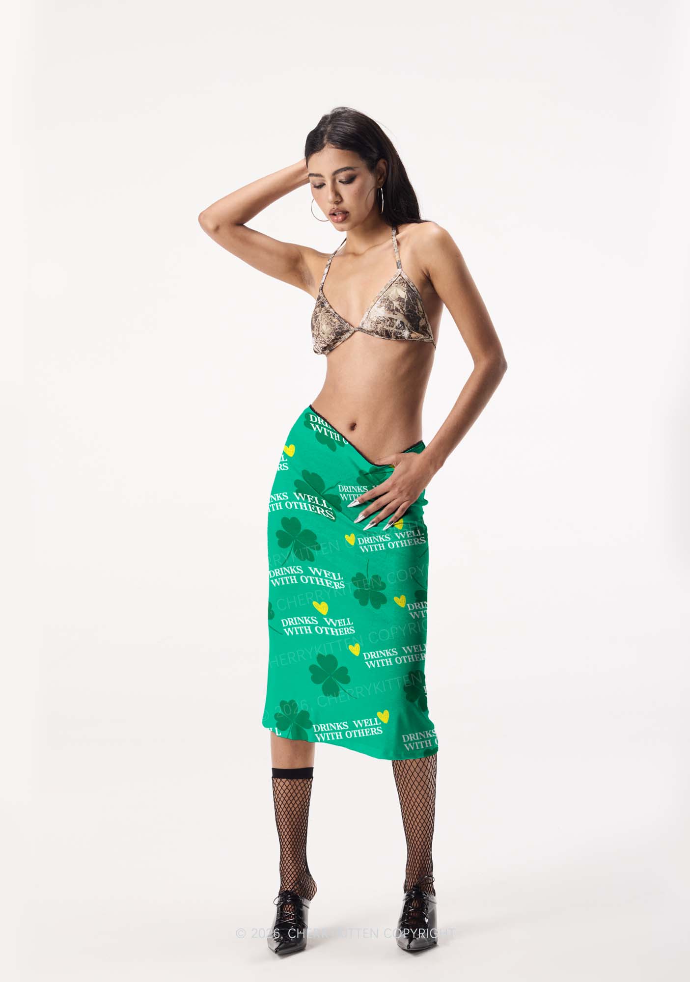Drinks Well With Others St Patricks Y2K Print Midi Skirt Cherrykitten - Image 2