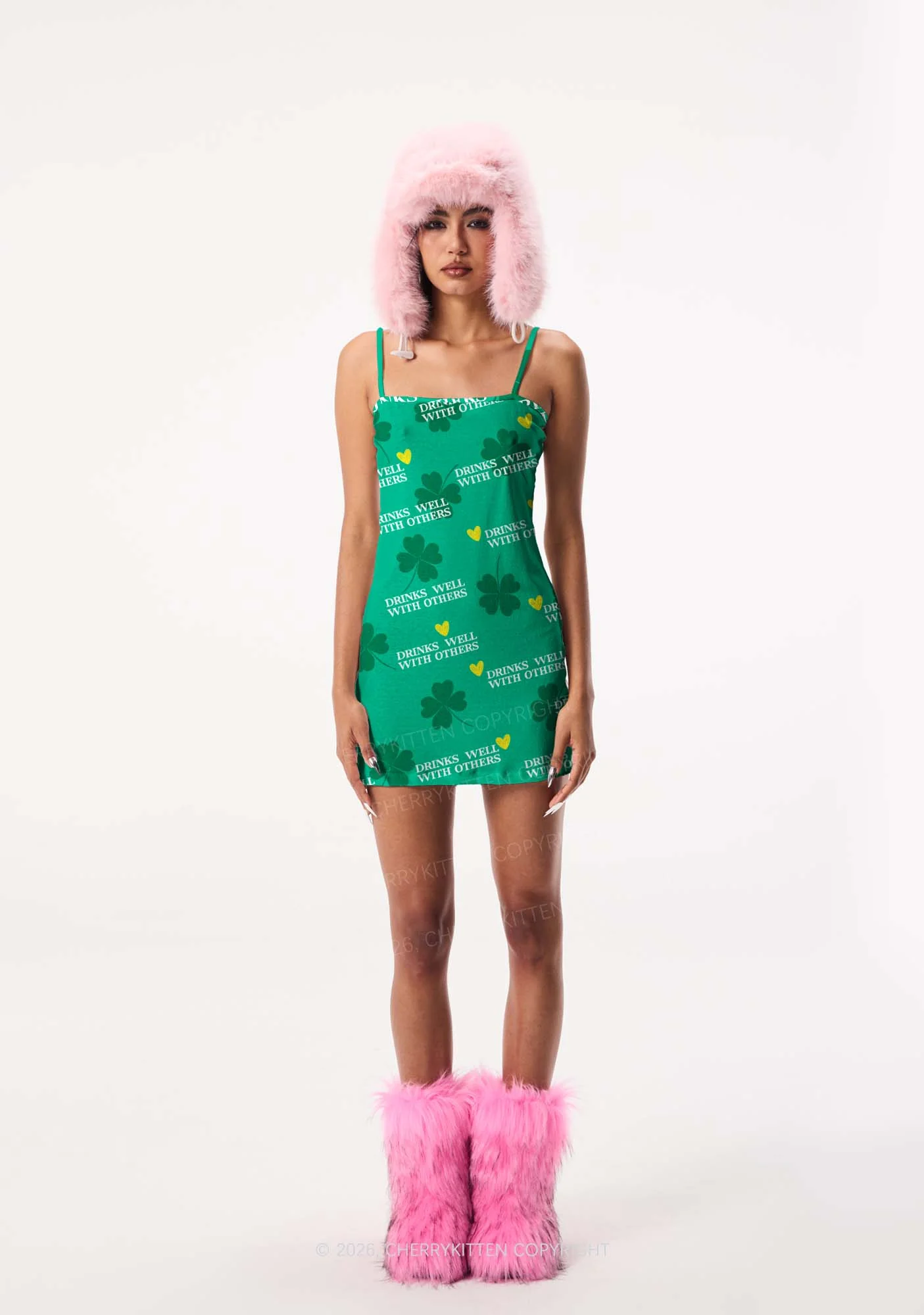 Drinks Well With Others St Patricks Y2K Print Slip Dress Cherrykitten - Image 2