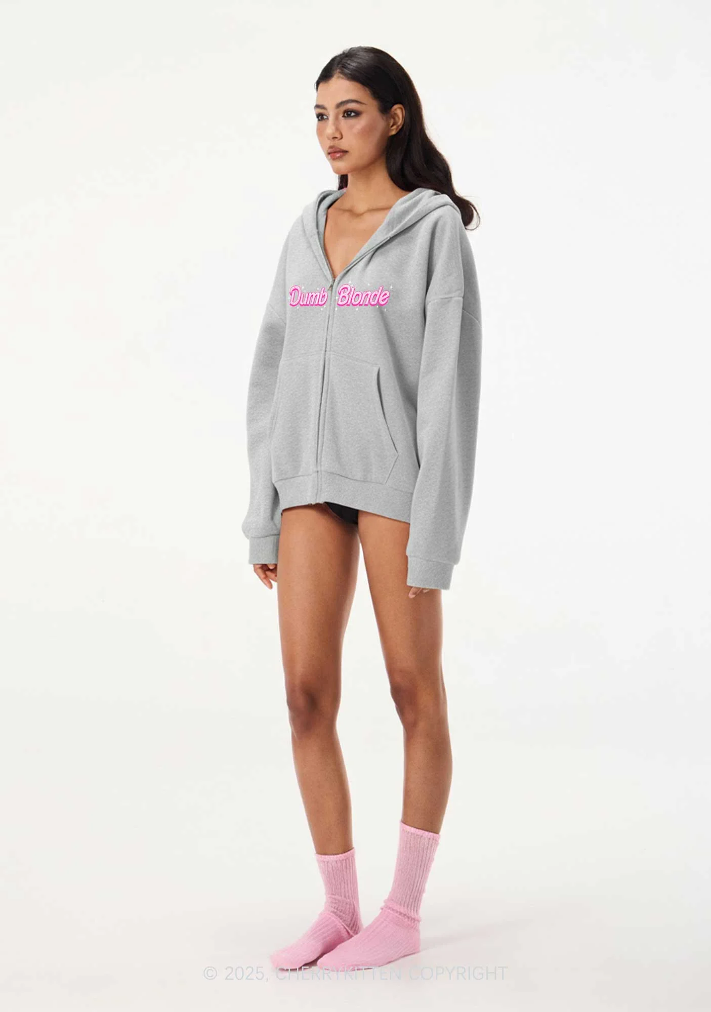 Dumb Blonde Y2K Bunny Ear Zip Hoodie Cherrykitten - Image 2