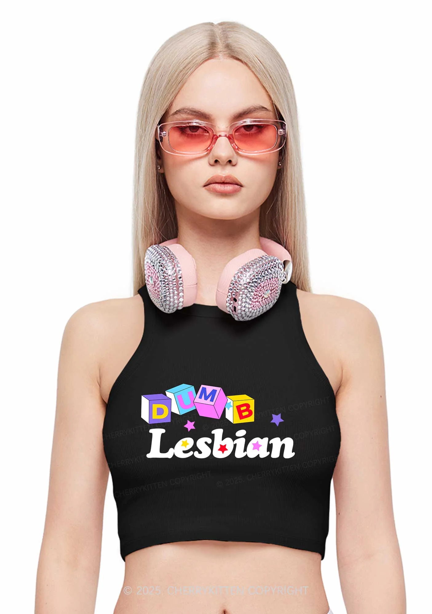Dumb Lesbian Pride Y2K Crop Tank Top Cherrykitten - Image 2