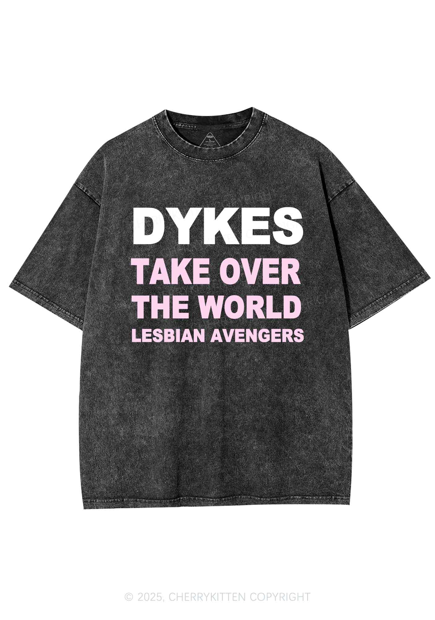 Dyke Take Over The World Y2K Shirts Washed Tee Cherrykitten - Image 3