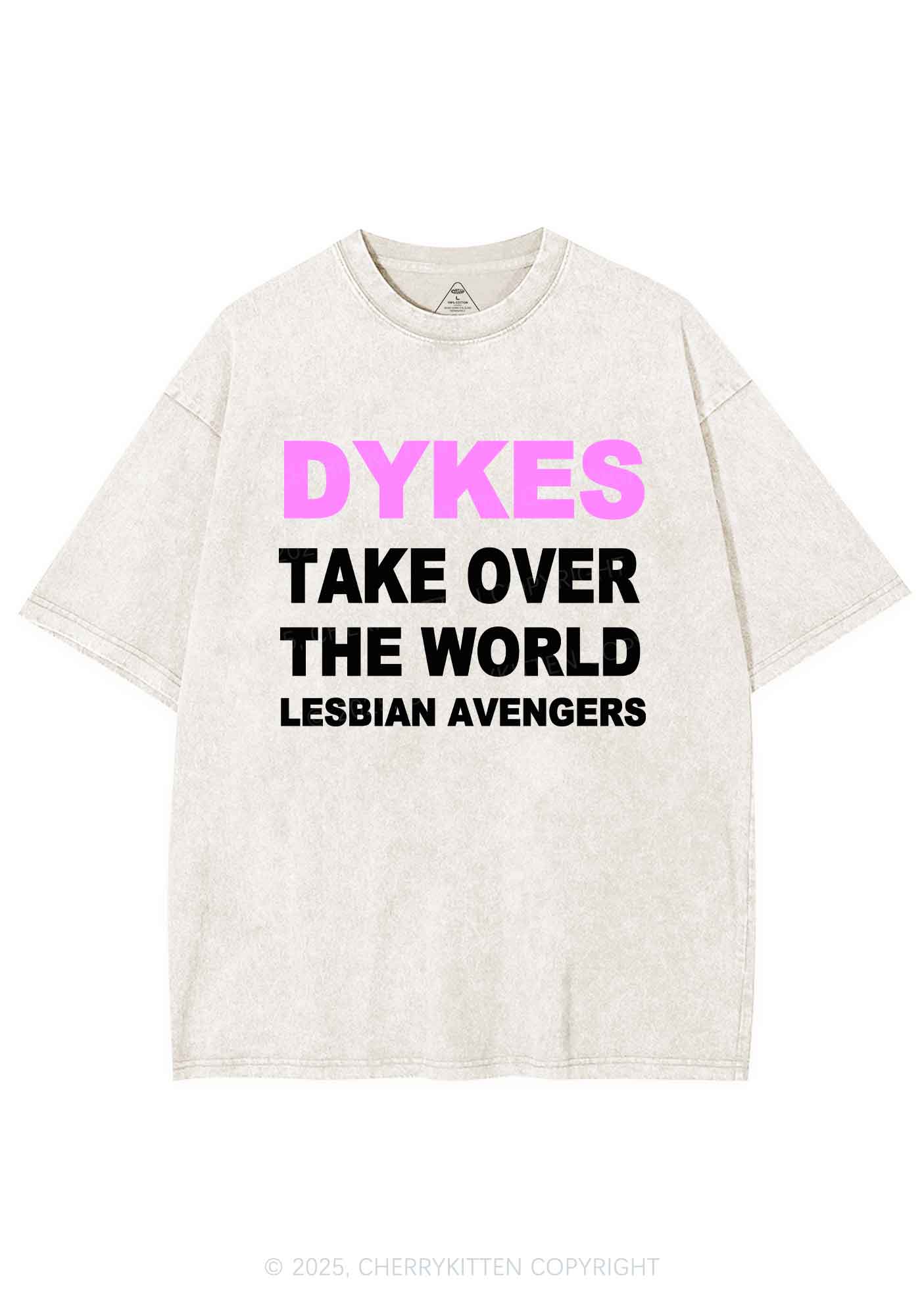Dyke Take Over The World Y2K Shirts Washed Tee Cherrykitten - Image 4