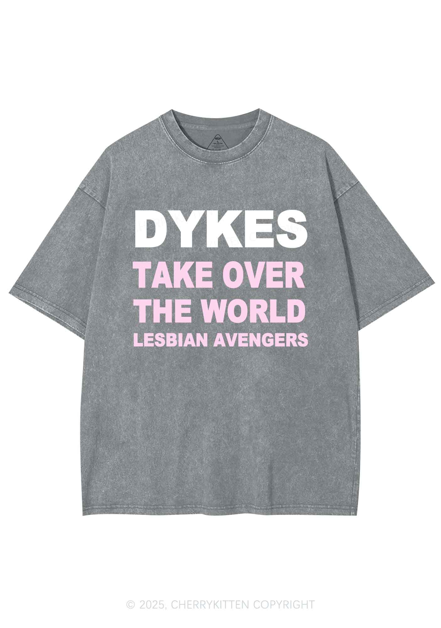 Dyke Take Over The World Y2K Shirts Washed Tee Cherrykitten - Image 6