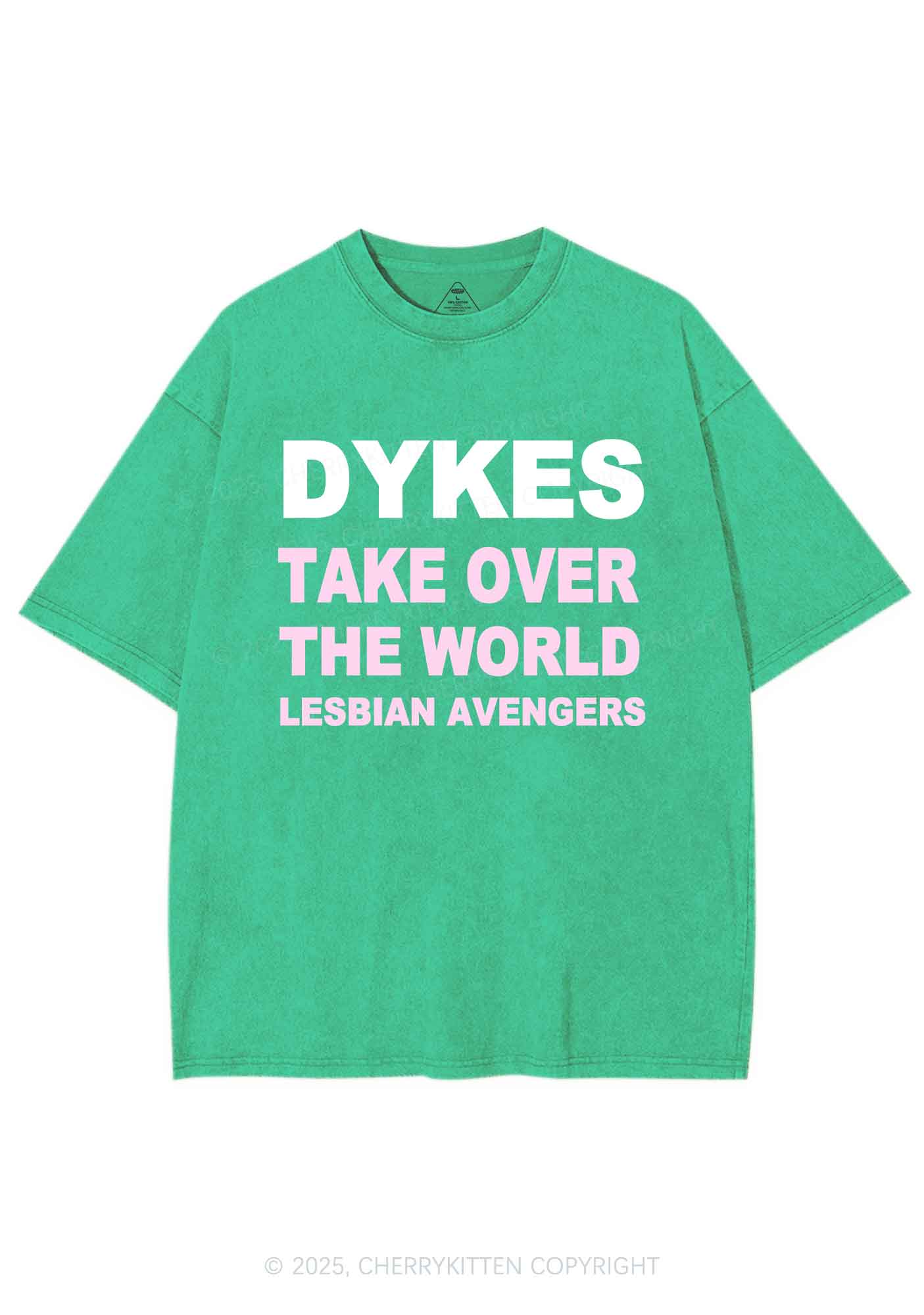 Dyke Take Over The World Y2K Shirts Washed Tee Cherrykitten - Image 8