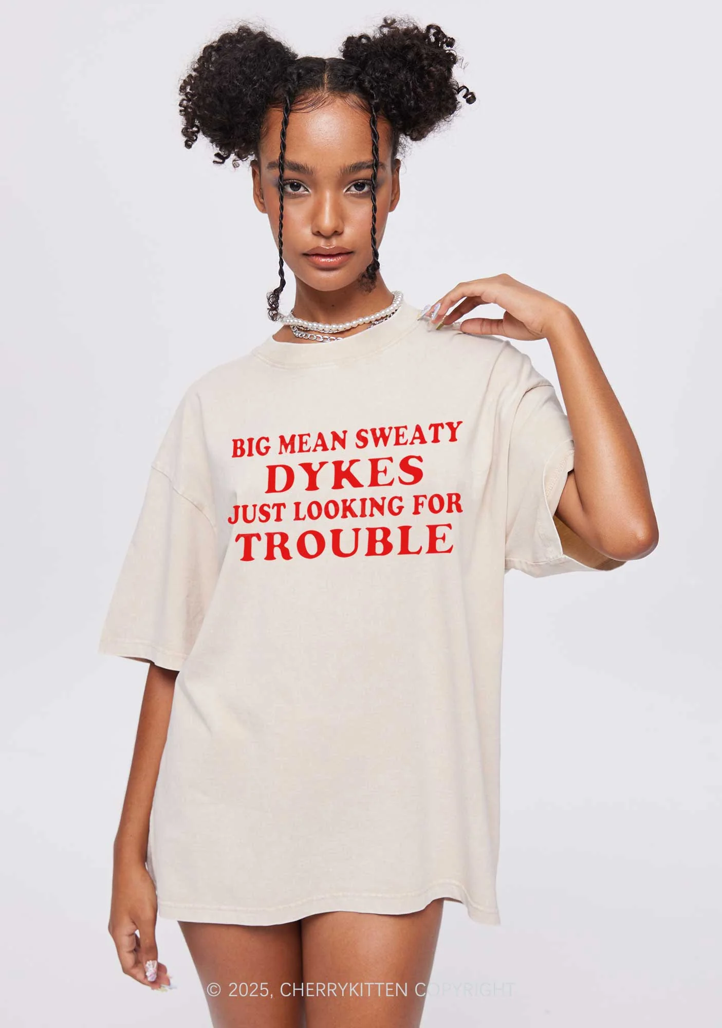 Dykes Trouble Y2K Shirts Washed Tee Cherrykitten - Image 2