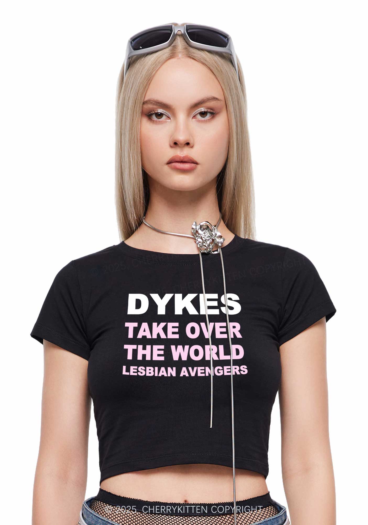 Dyke Take Over The World Y2K Baby Tee Cherrykitten - Image 3