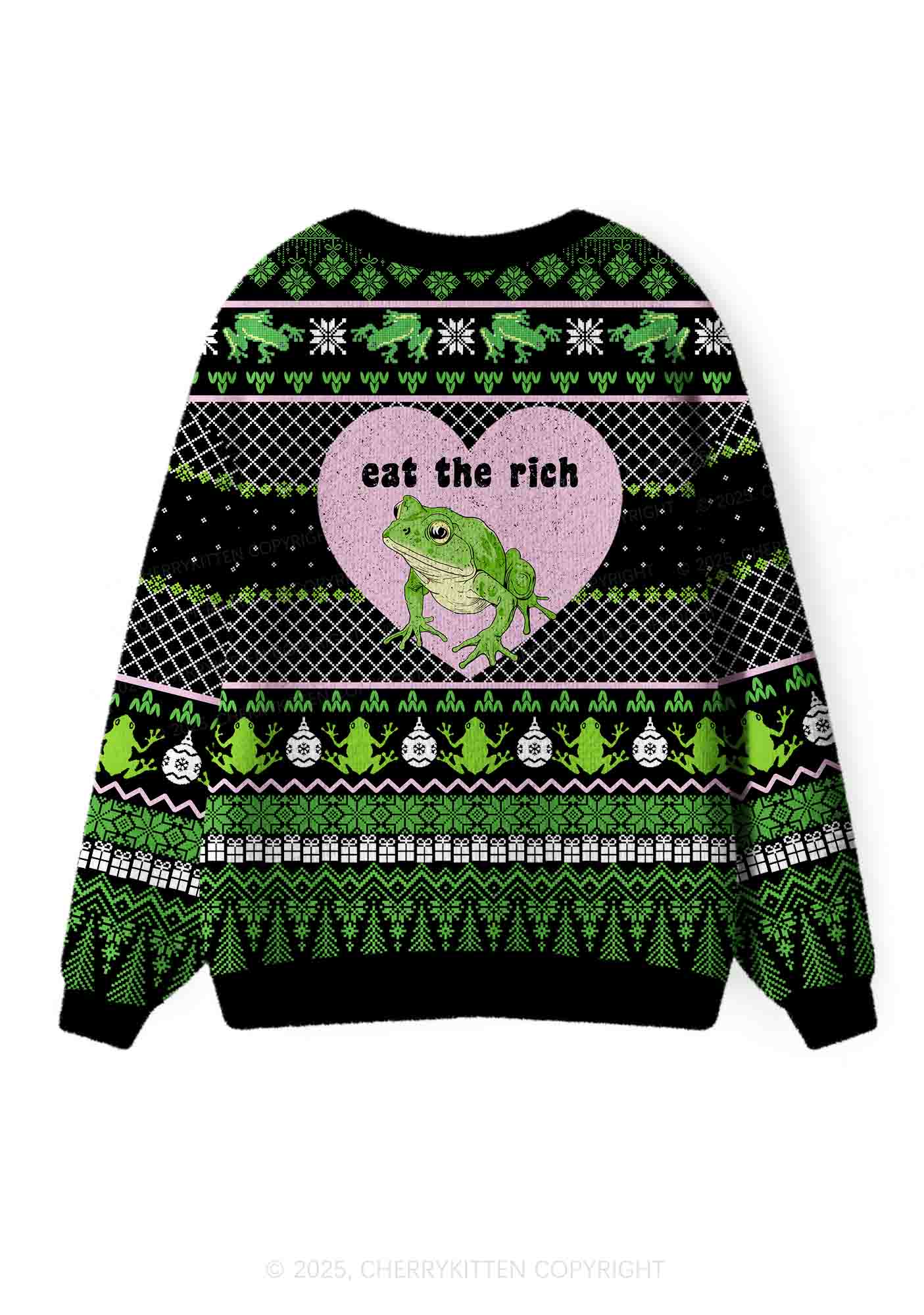Eat The Rich Frog Y2K Christmas Cardigan Knit Sweatshirt Cherrykitten - Image 3