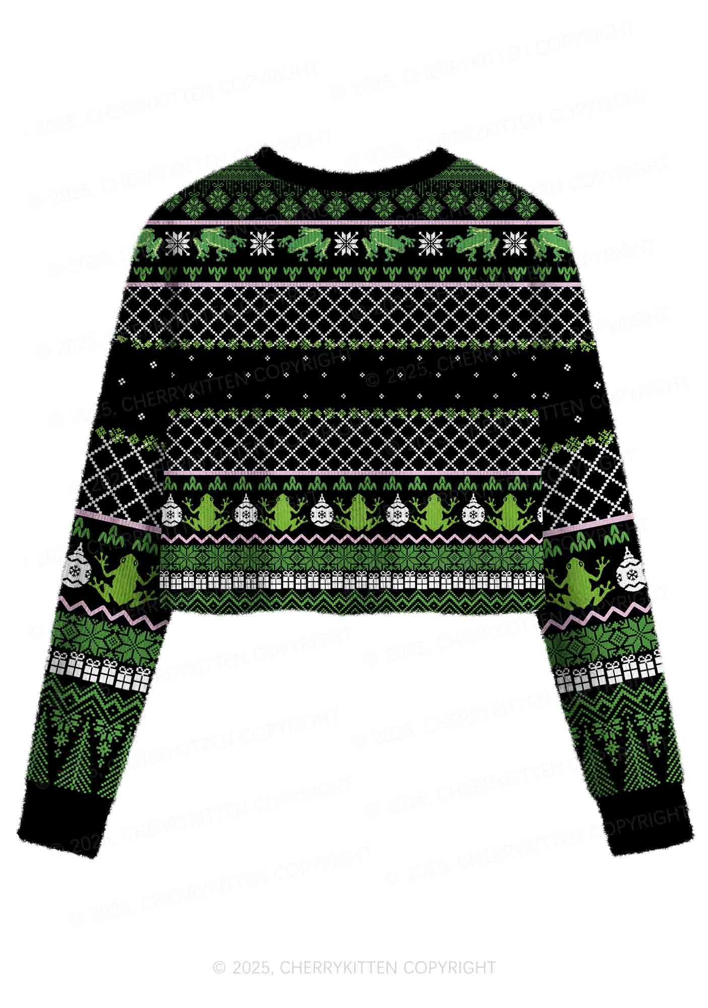 Eat The Rich Frog Y2K Christmas Crop Knit Sweatshirt Cherrykitten - Image 2