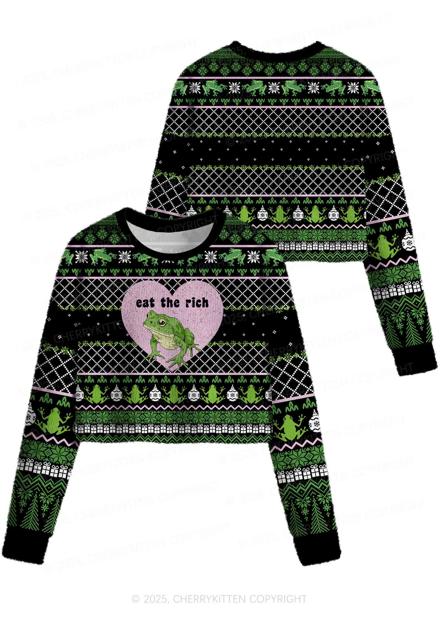 Eat The Rich Frog Y2K Christmas Crop Knit Sweatshirt Cherrykitten - Image 3