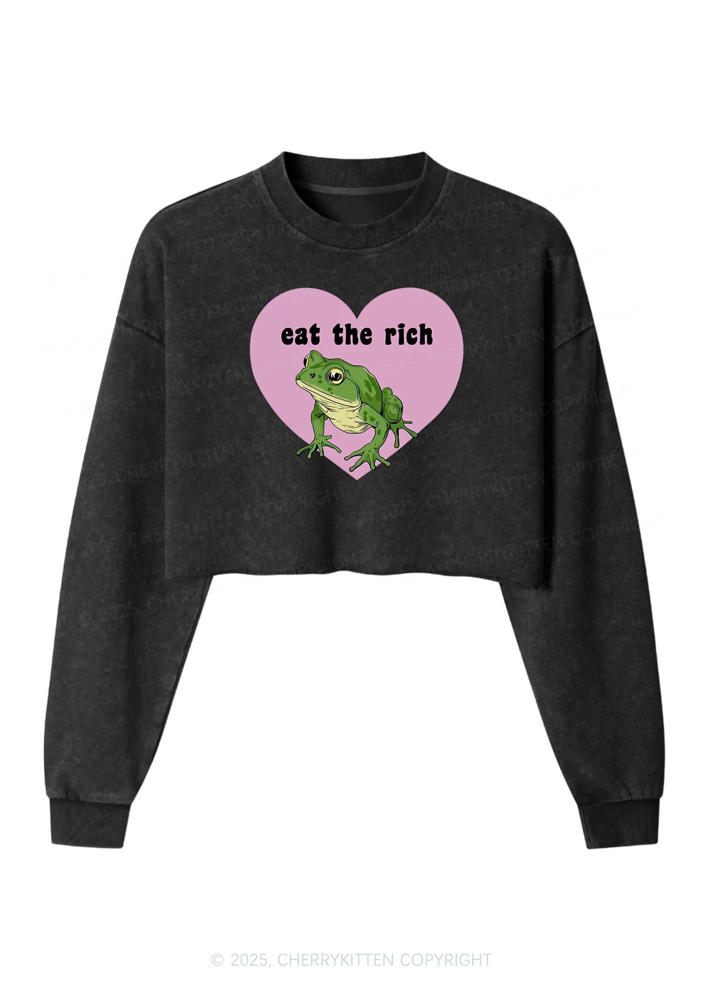 Eat The Rich Frog Y2K Crop Washed Sweatshirts Cherrykitten - Image 3