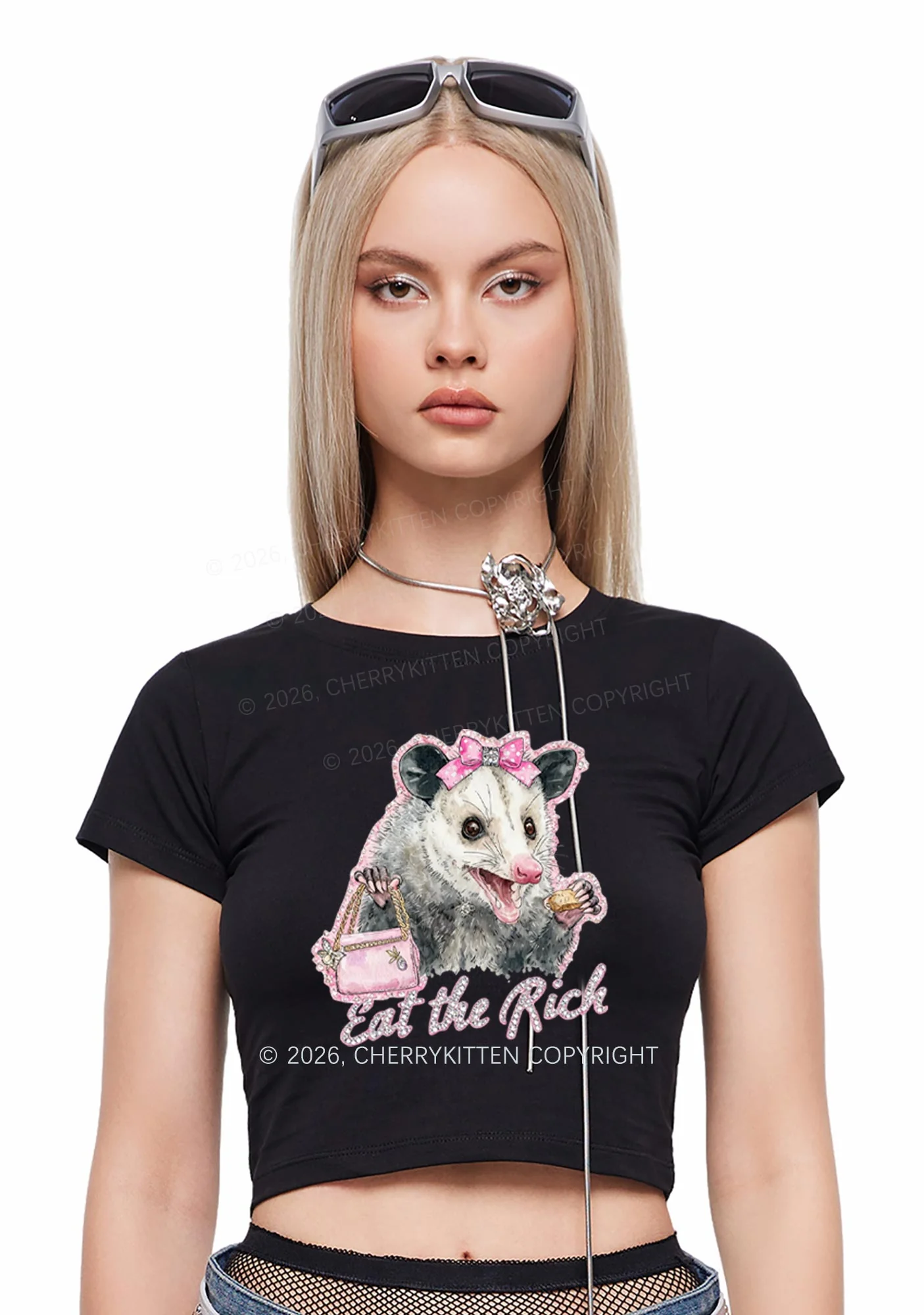Eat The Rich Possum Y2K Baby Tee Cherrykitten - Image 2