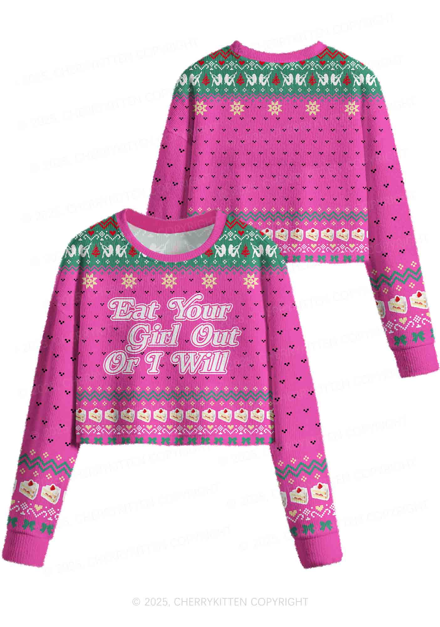 Eat Your Girl Out Pride Y2K Christmas Crop Knit Sweatshirt Cherrykitten - Image 3