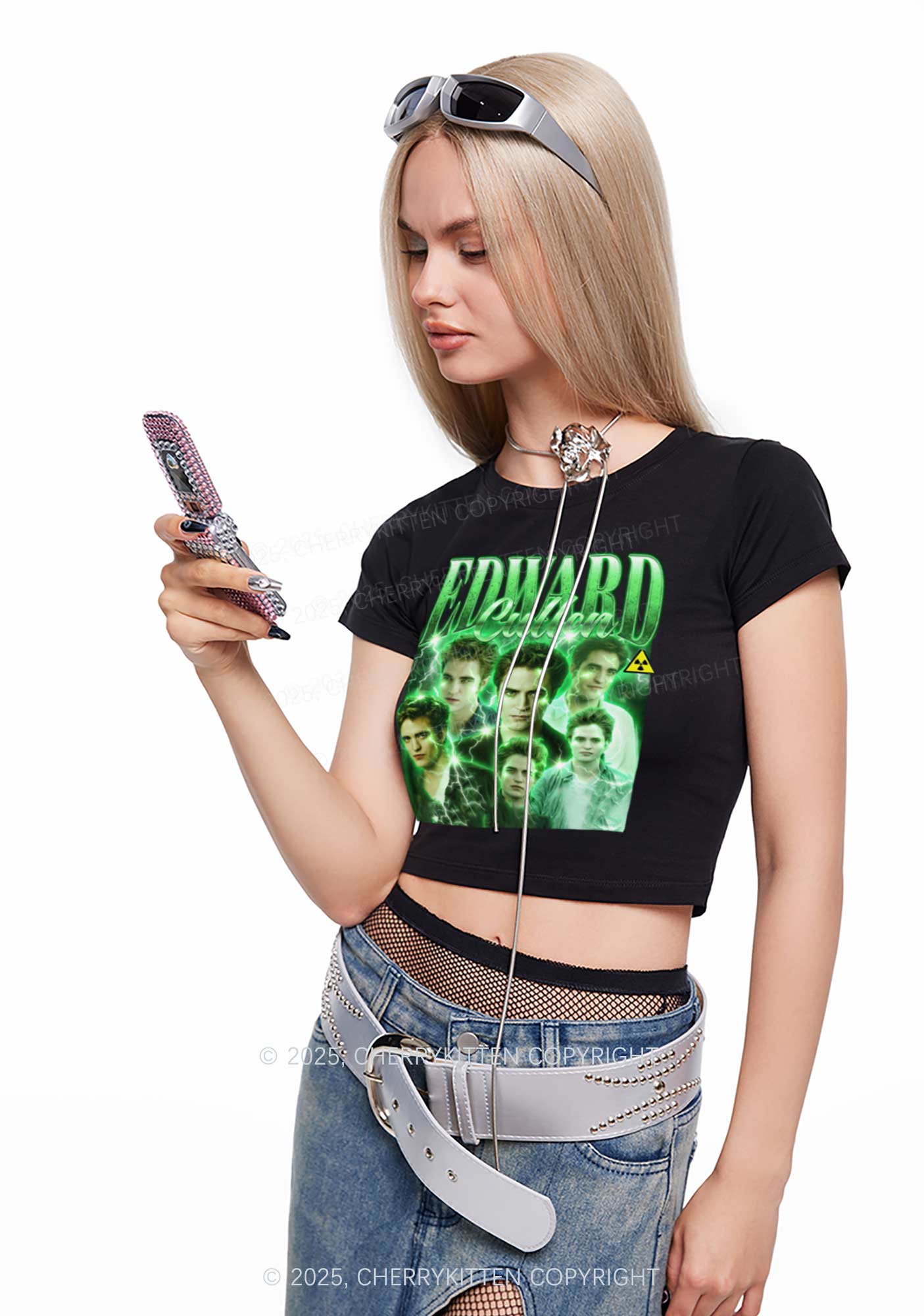 EC Green Lightning Y2K Baby Tee Cherrykitten - Image 2