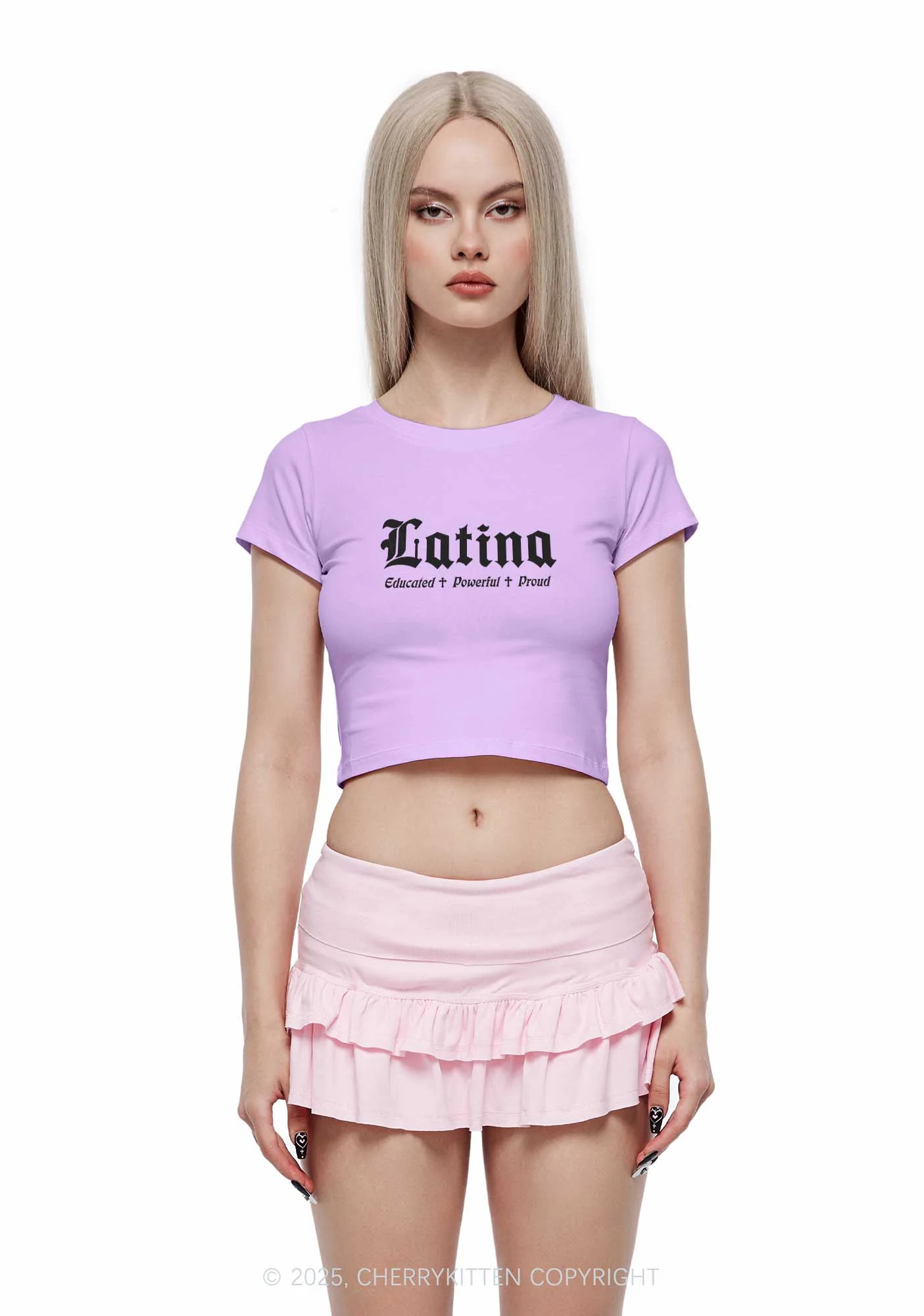 Educated Powerful Proud Latina Y2K Baby Tee Cherrykitten - Image 2