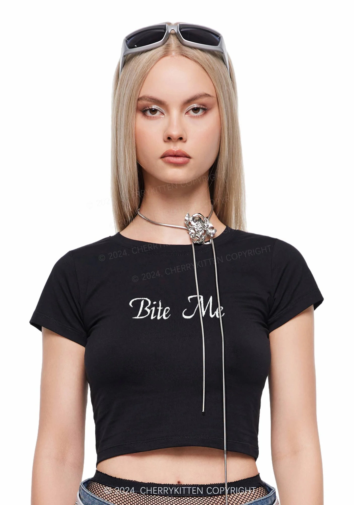 Embroidered Bite Me Y2K Baby Tee Cherrykitten - Image 3