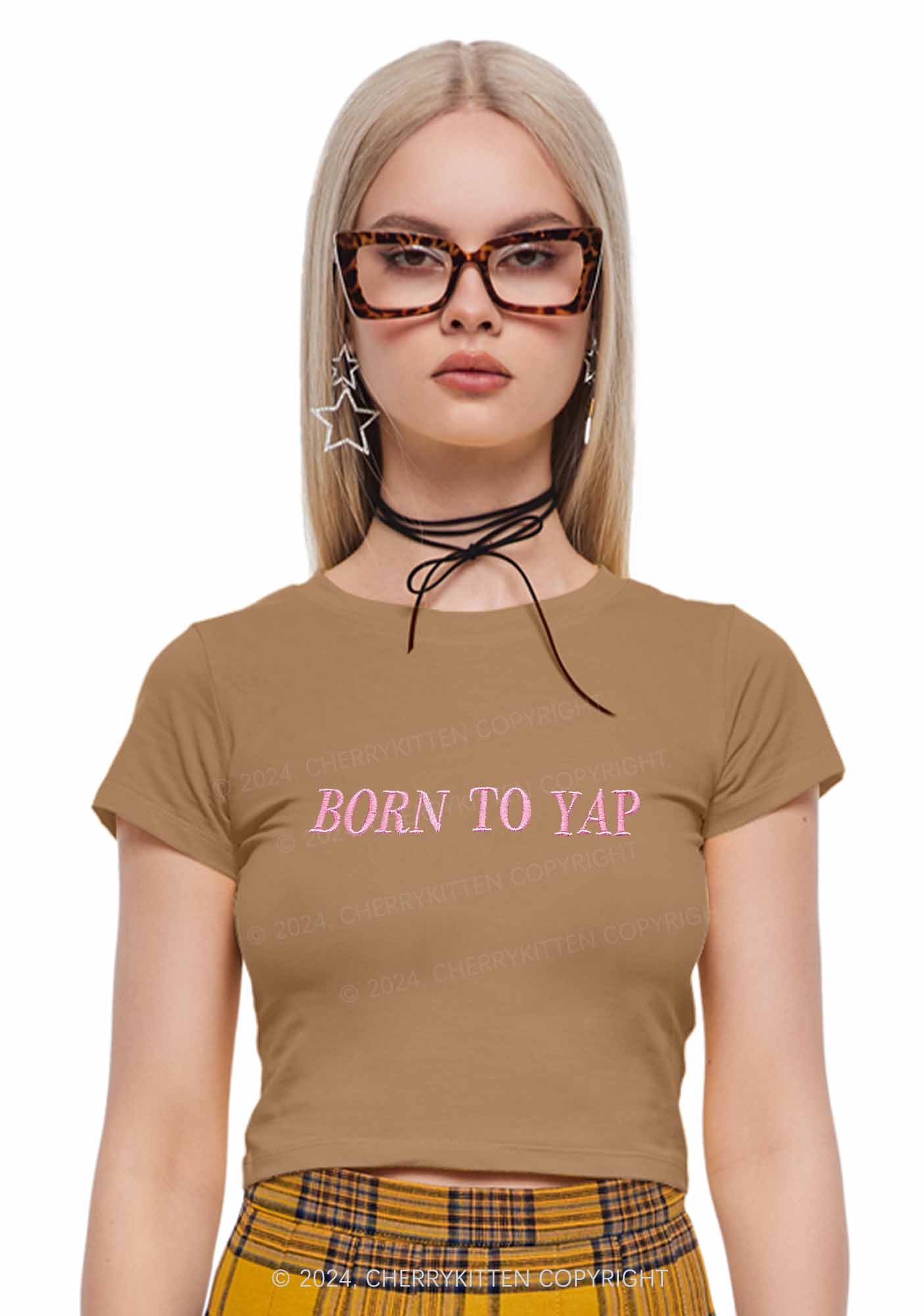 Embroidered Born To Yap Y2K Baby Tee Cherrykitten - Image 2