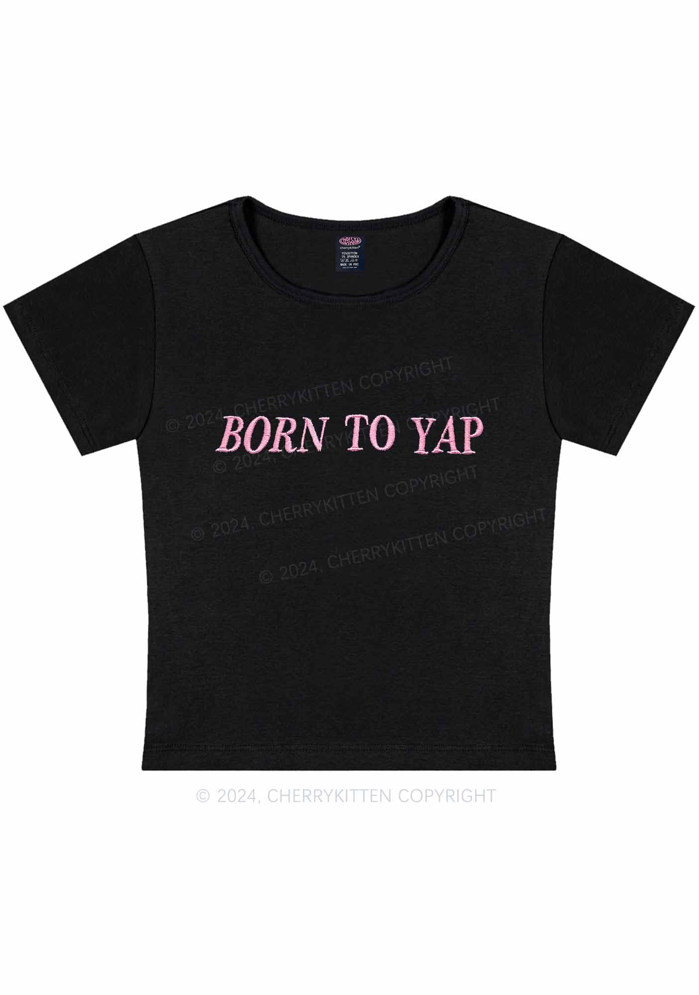 Embroidered Born To Yap Y2K Baby Tee Cherrykitten - Image 3