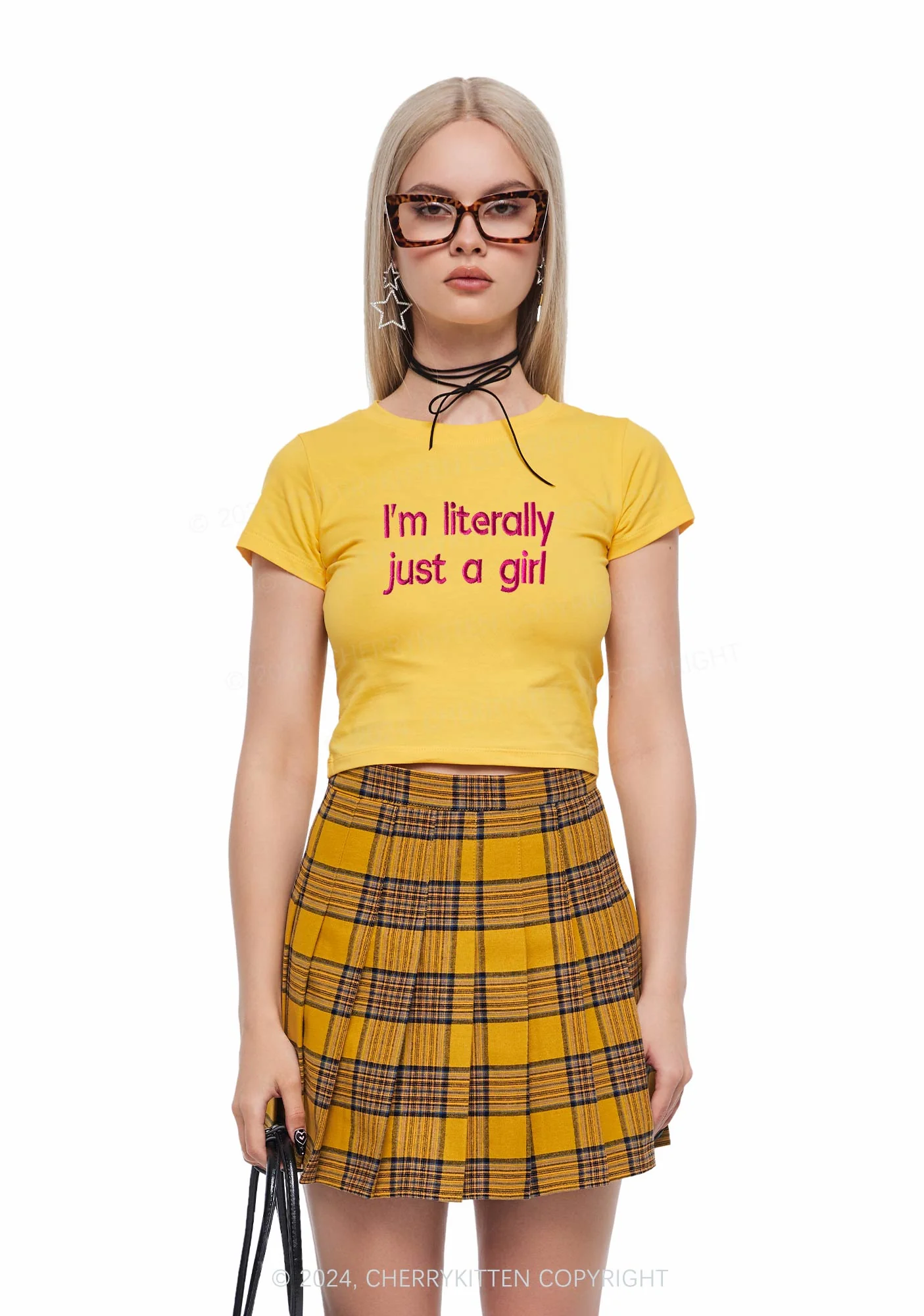 Embroidered Literally Just A Girl Y2K Baby Tee Cherrykitten - Image 2